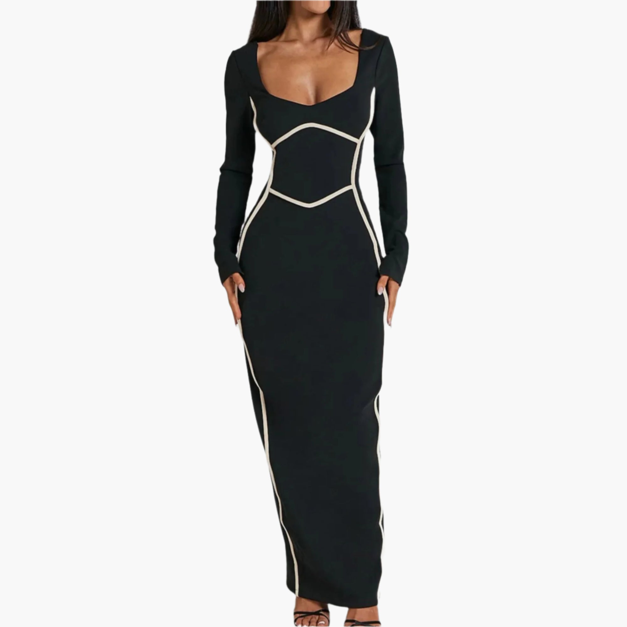 Model wearing a Black long-sleeve maxi dress with contrast trim and fitted silhouette.
