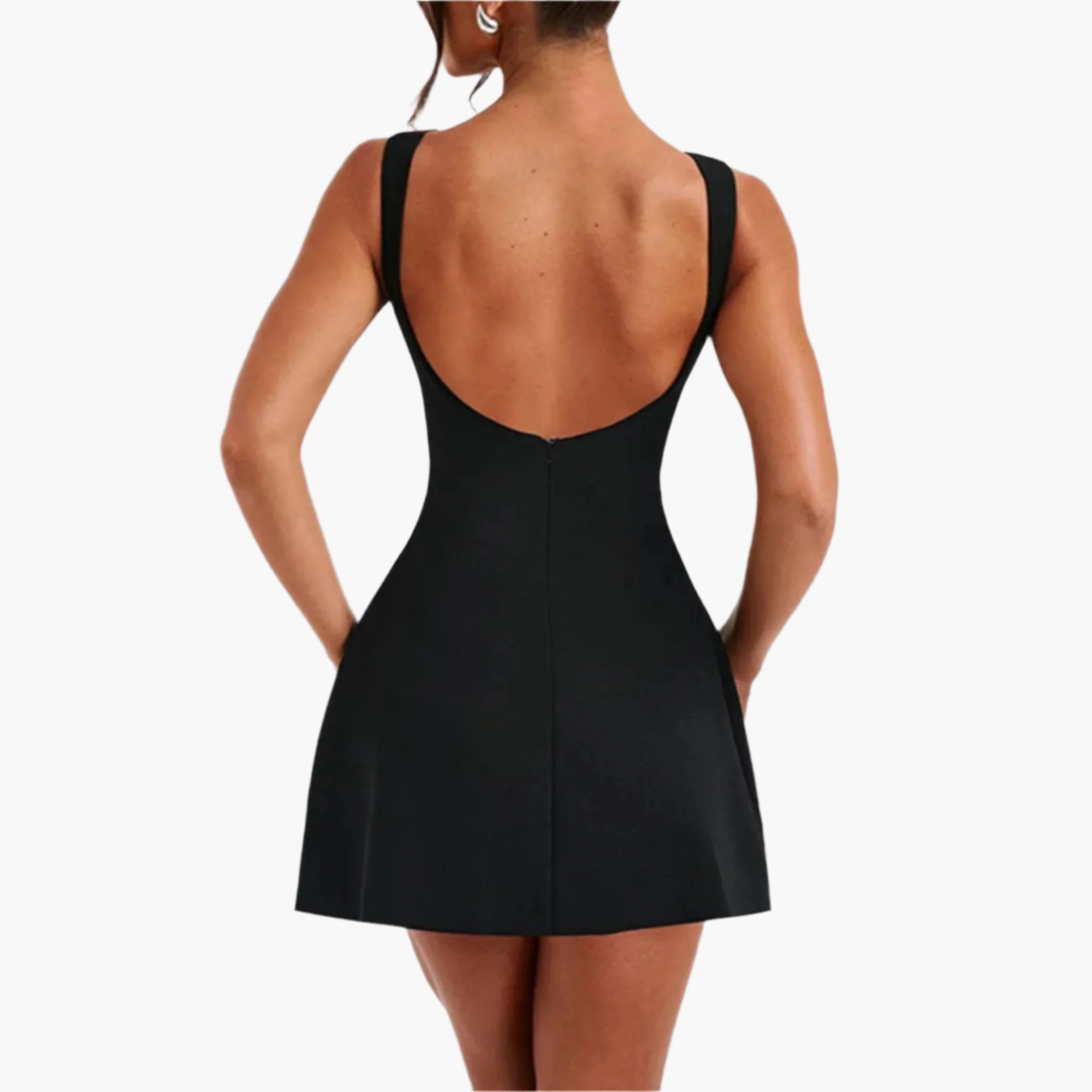 Black Backless mini dress with zipper closure, shown from behind.