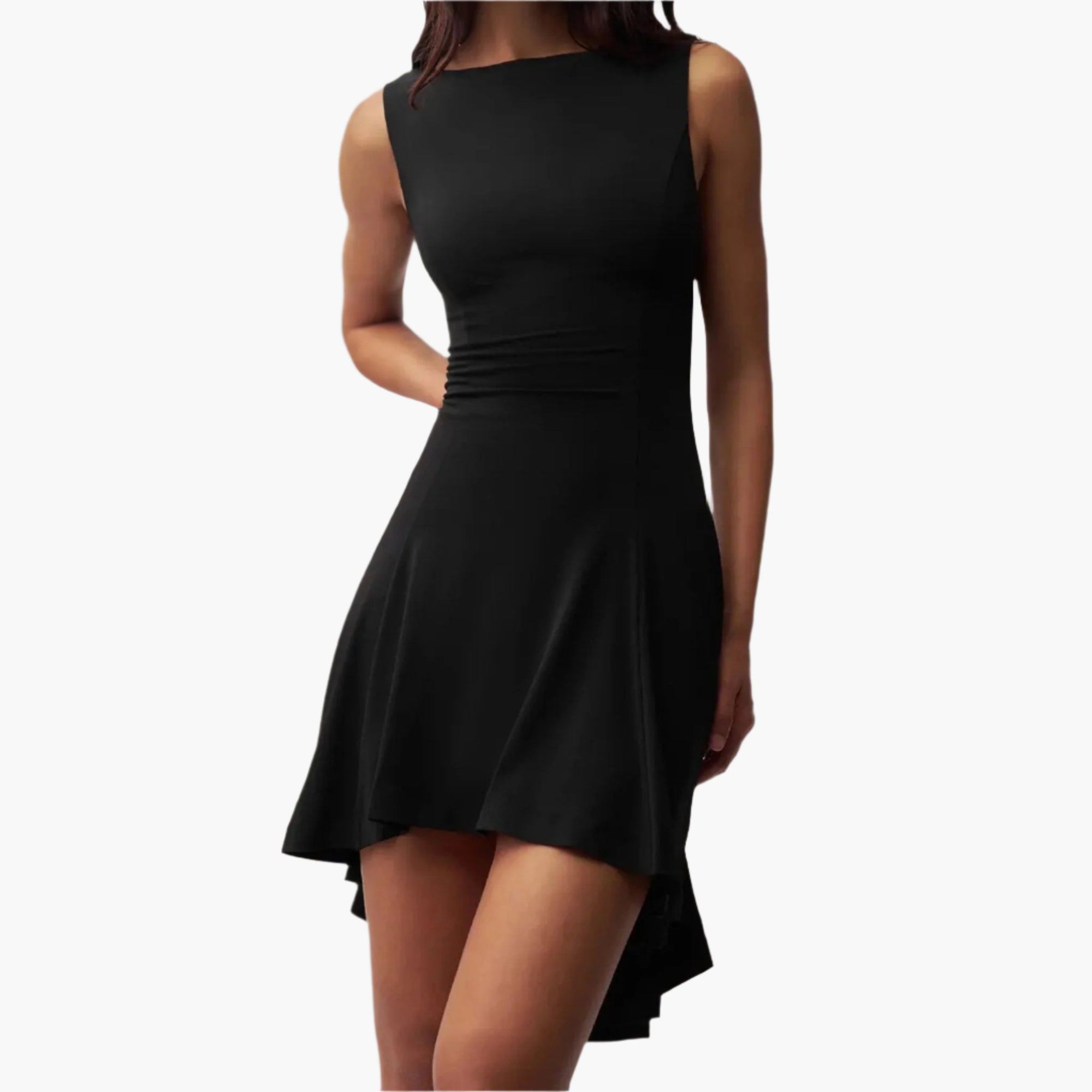 Front view of black sleeveless dress with round neckline and high-low hem