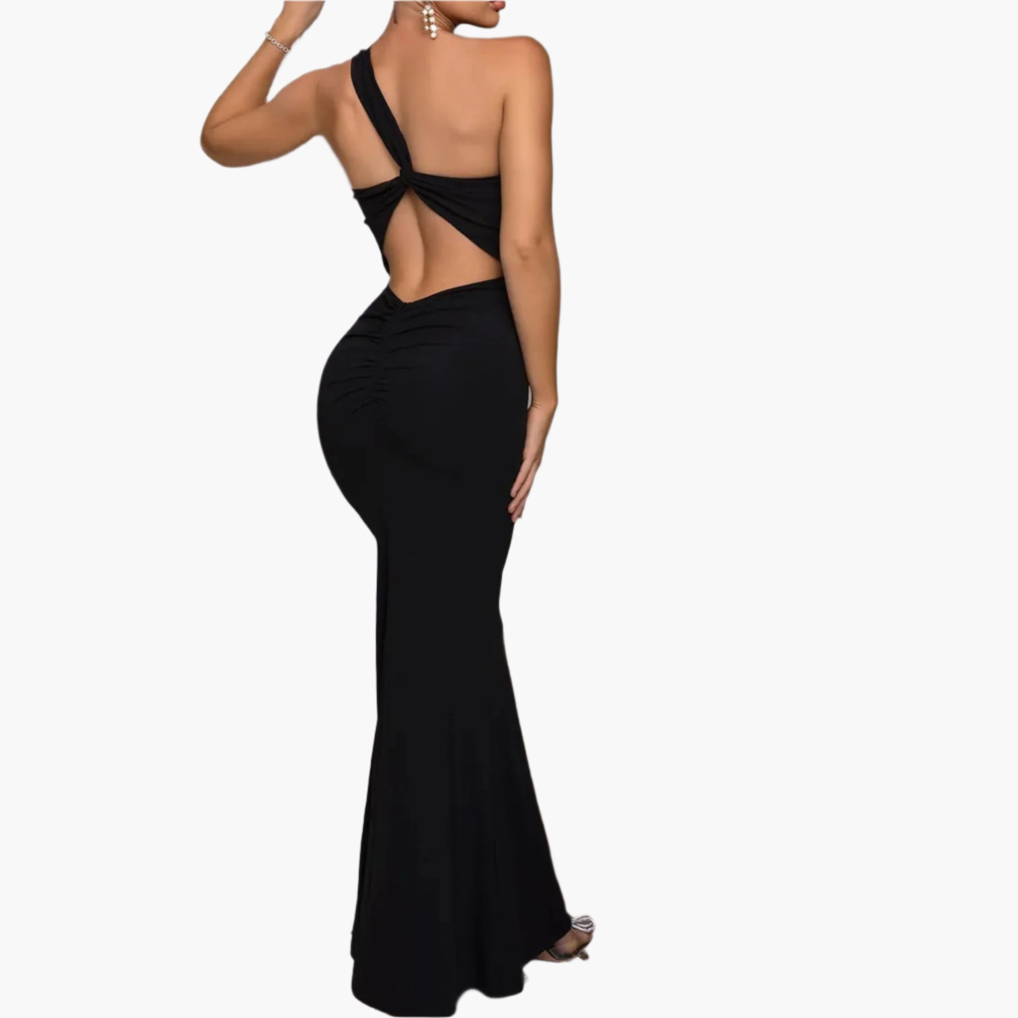 Back of black cutout maxi dress with one-shoulder design