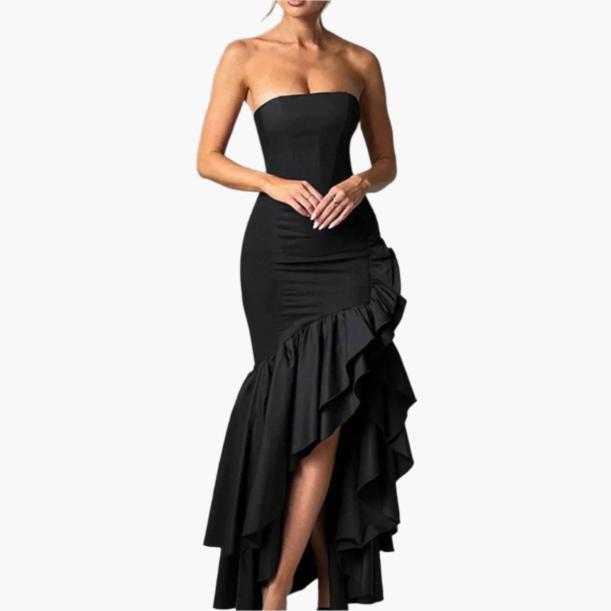 Black Strapless dress with high-low hem and tiered ruffles, shown on model front-facing.
