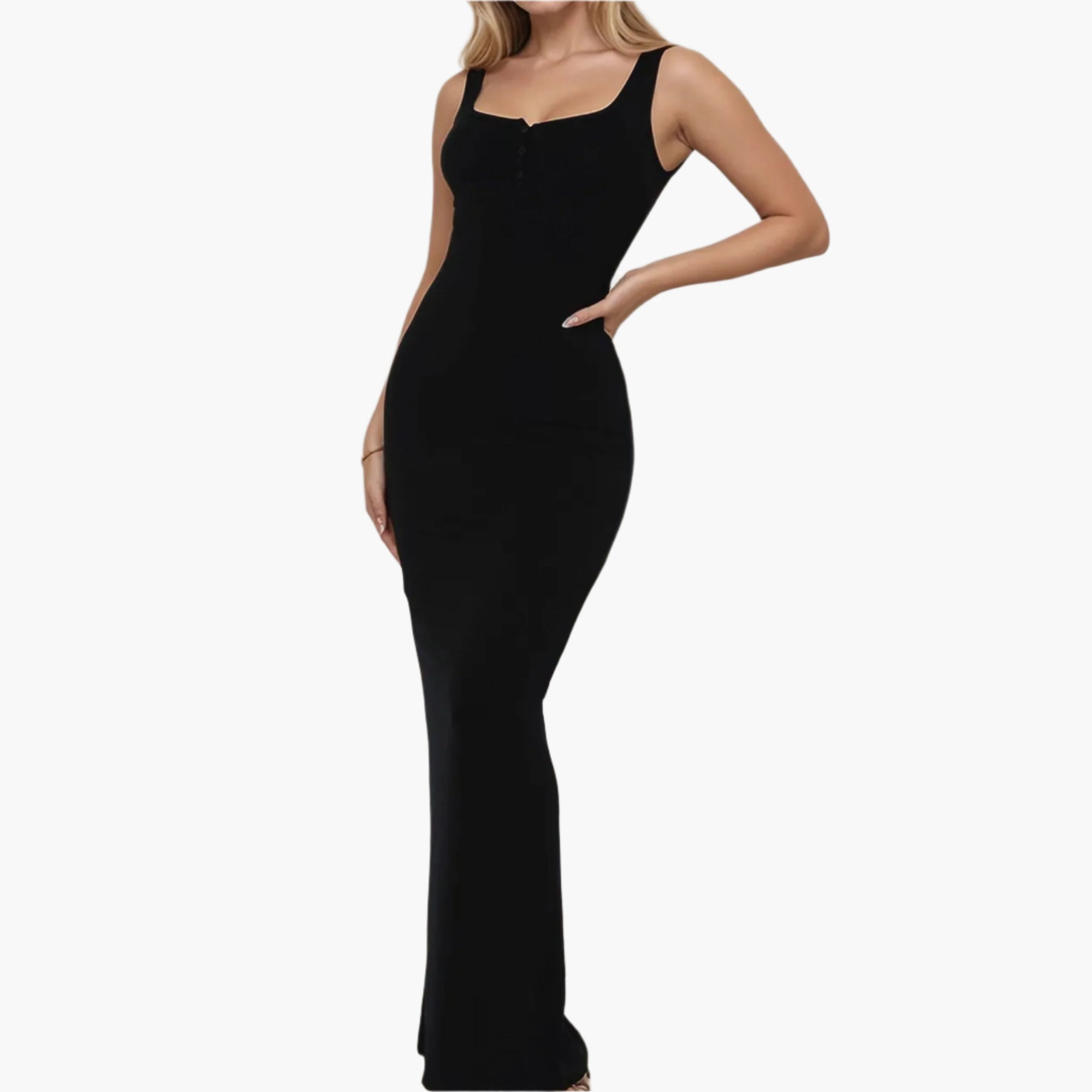 Model wearing side slit wide-strap black maxi dress