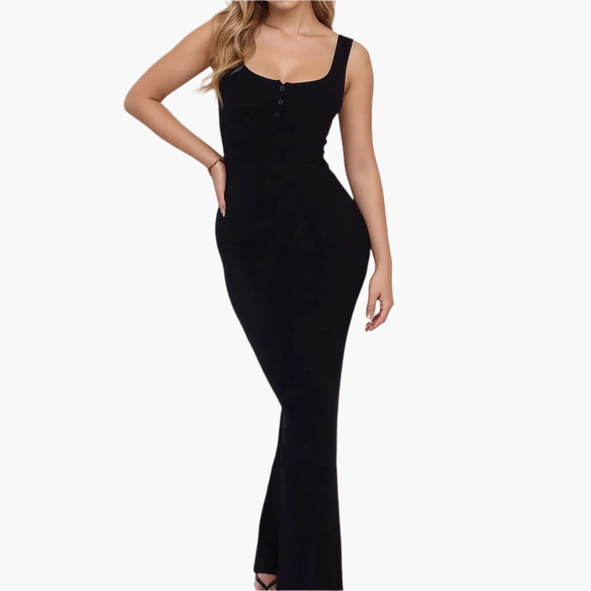 Front view of black button-down maxi dress with wide straps