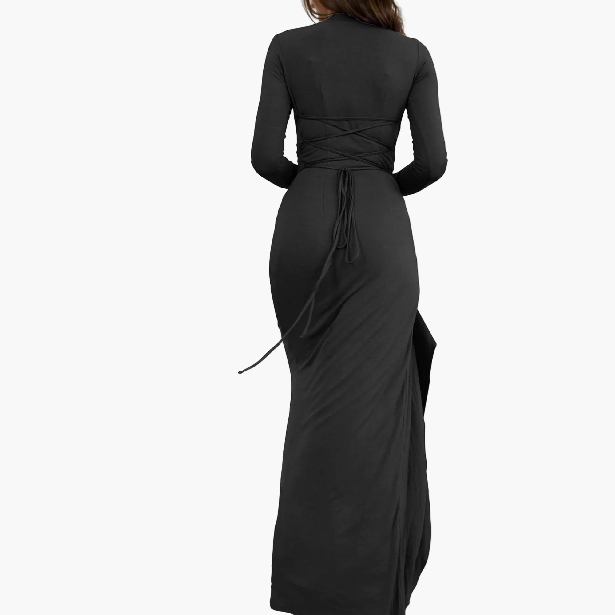 BACK OF Black evening gown with long sleeves AND BACK TIE