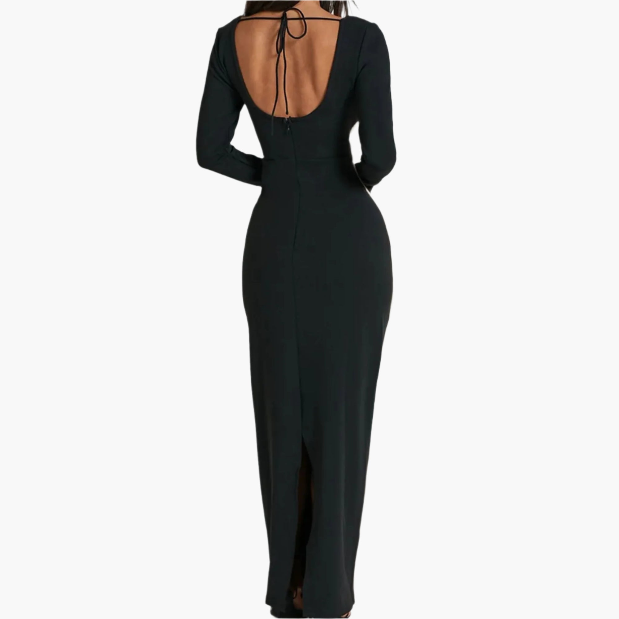 Backless maxi dress with tie closure and visible zipper at lower back.