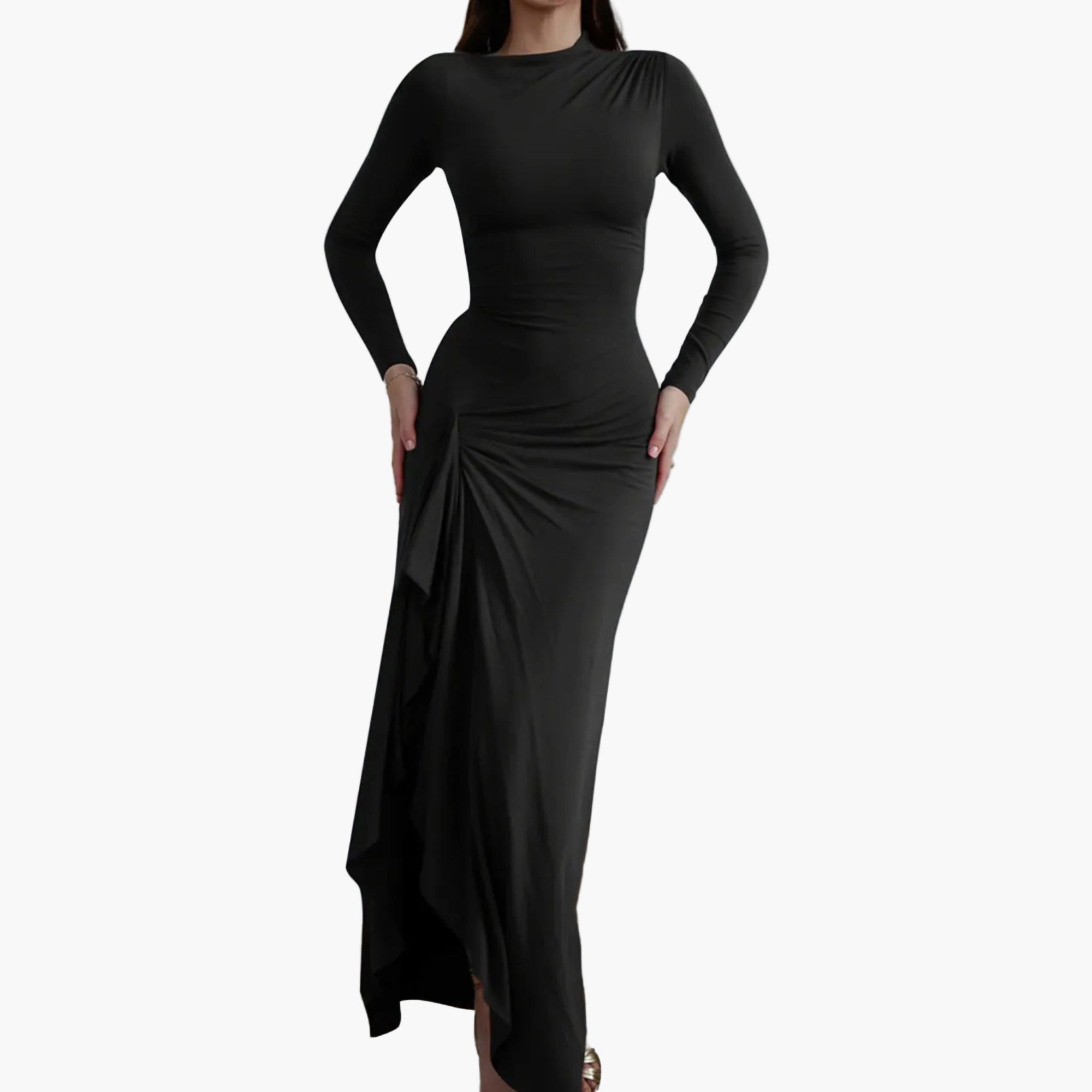 Black long-sleeve dress with a draped design worn by a MODEL