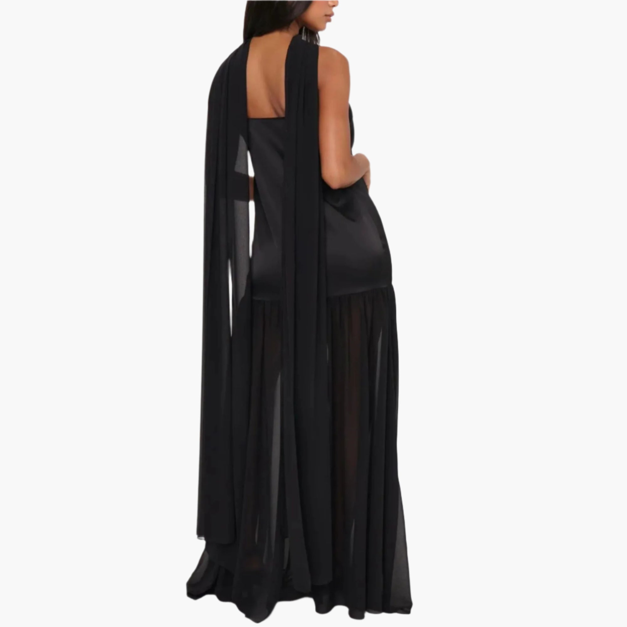 Back view of a mesh maxi dress with thin adjustable straps and flowing hem.