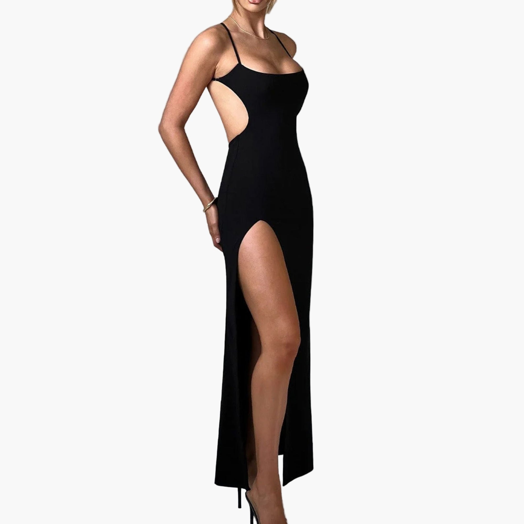 Side view showing front slit and flowy silhouette of slightly stretchy dress