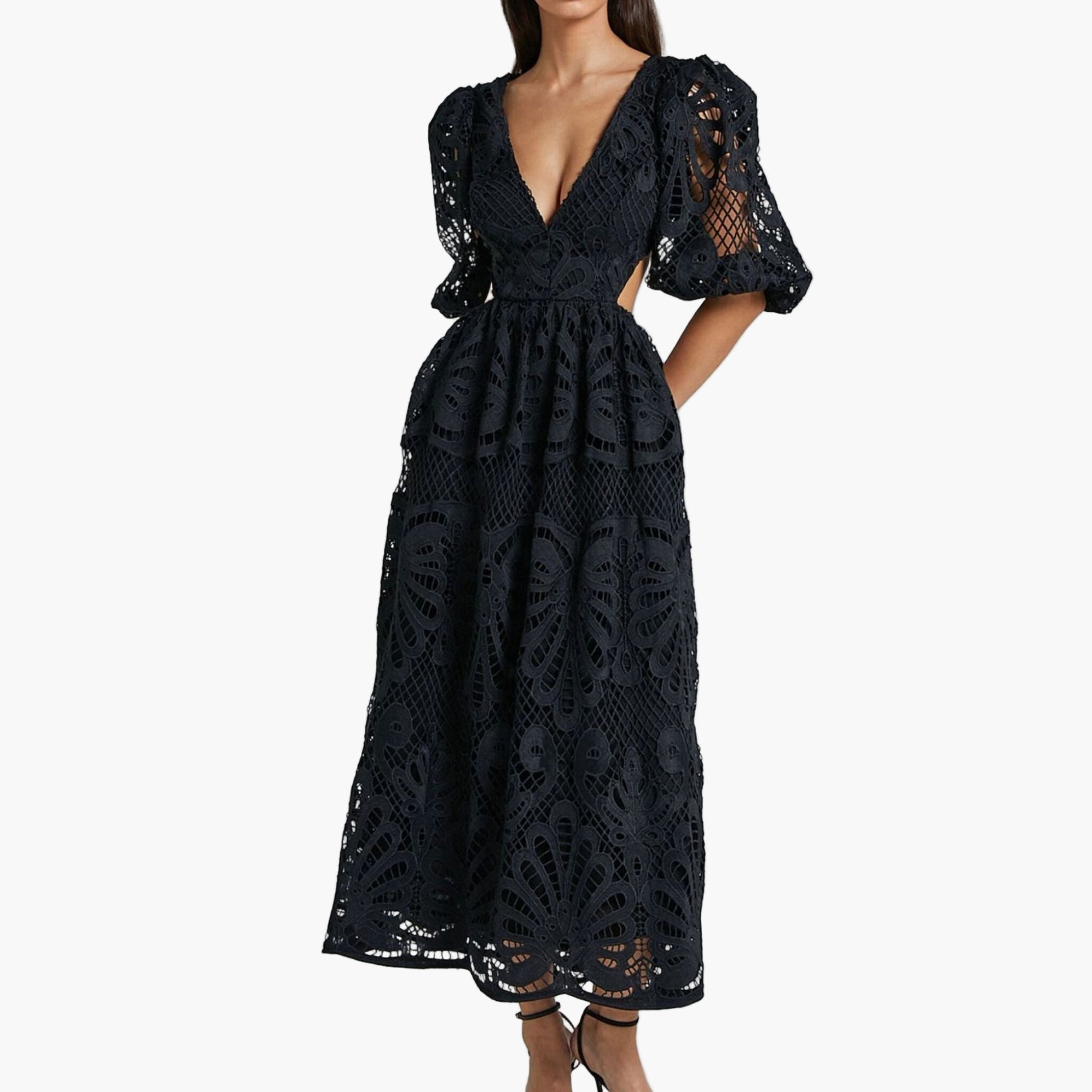 Woman wearing BLACK cutout back lace crochet V-neck dress