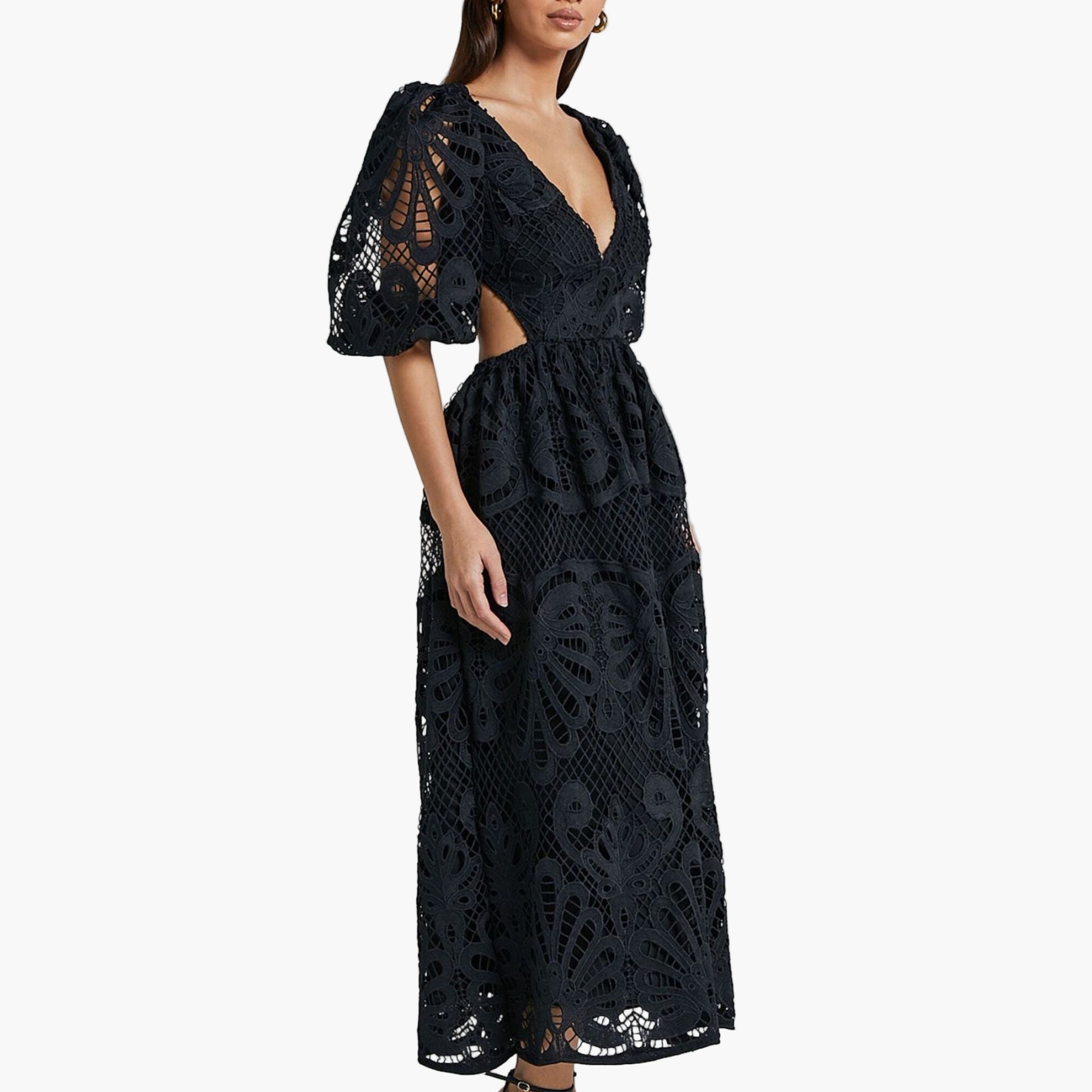 Side view showing partially lined, slightly stretchy lace dress