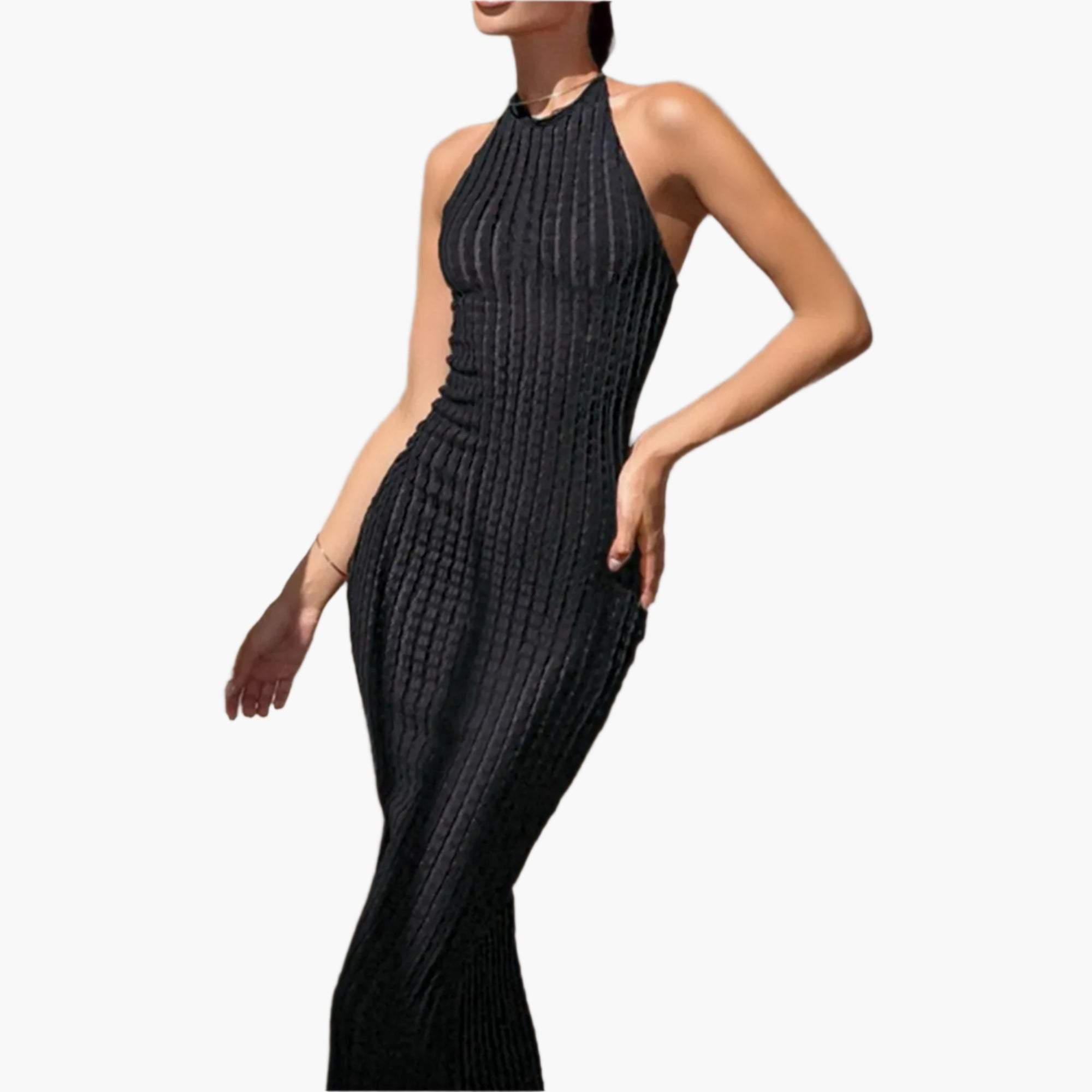 Close-up of Black ribbed fabric with slight stretch in a polyester-spandex blend