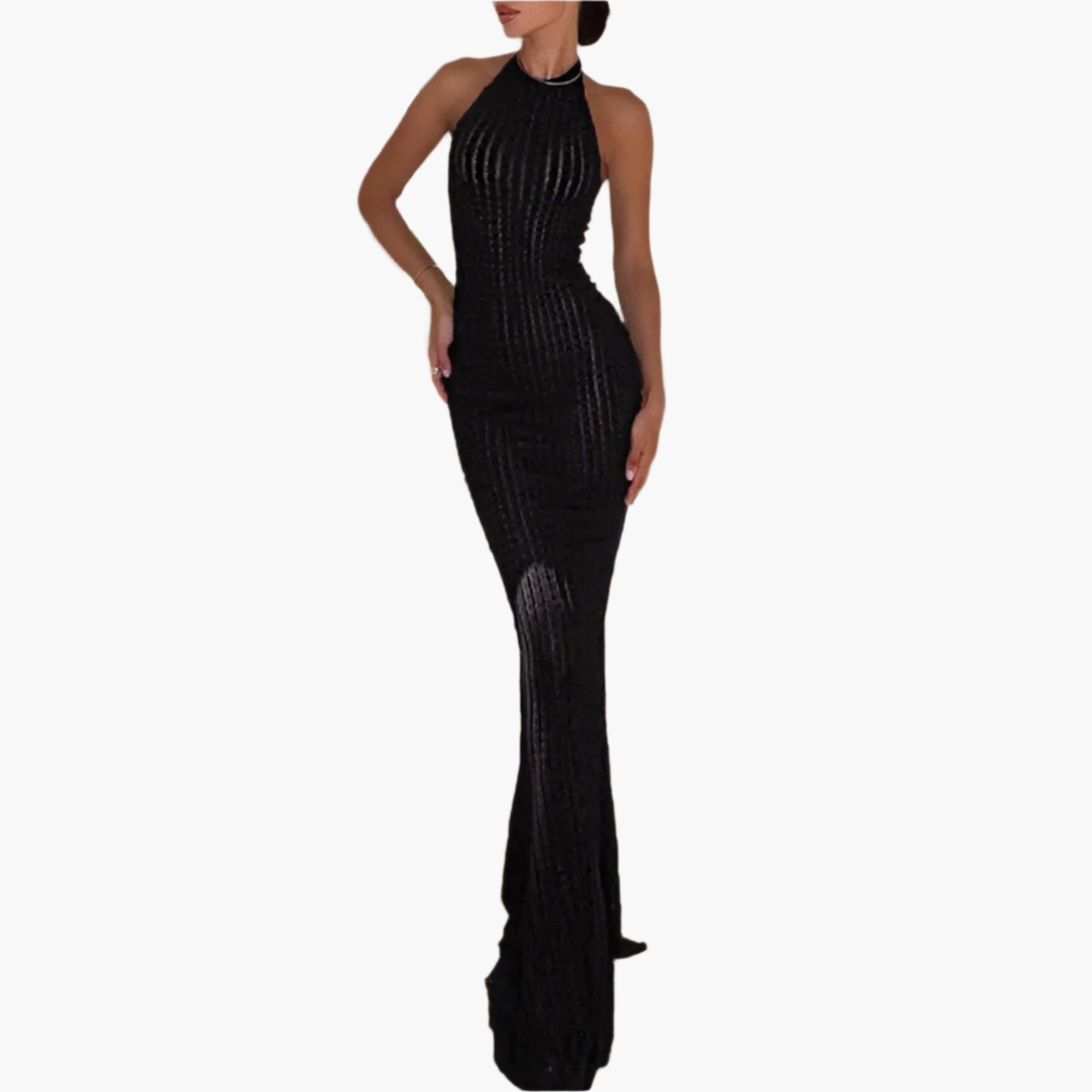 Model wearing a Black ribbed halter-neck maxi dress with bodycon fit and clean silhouette.