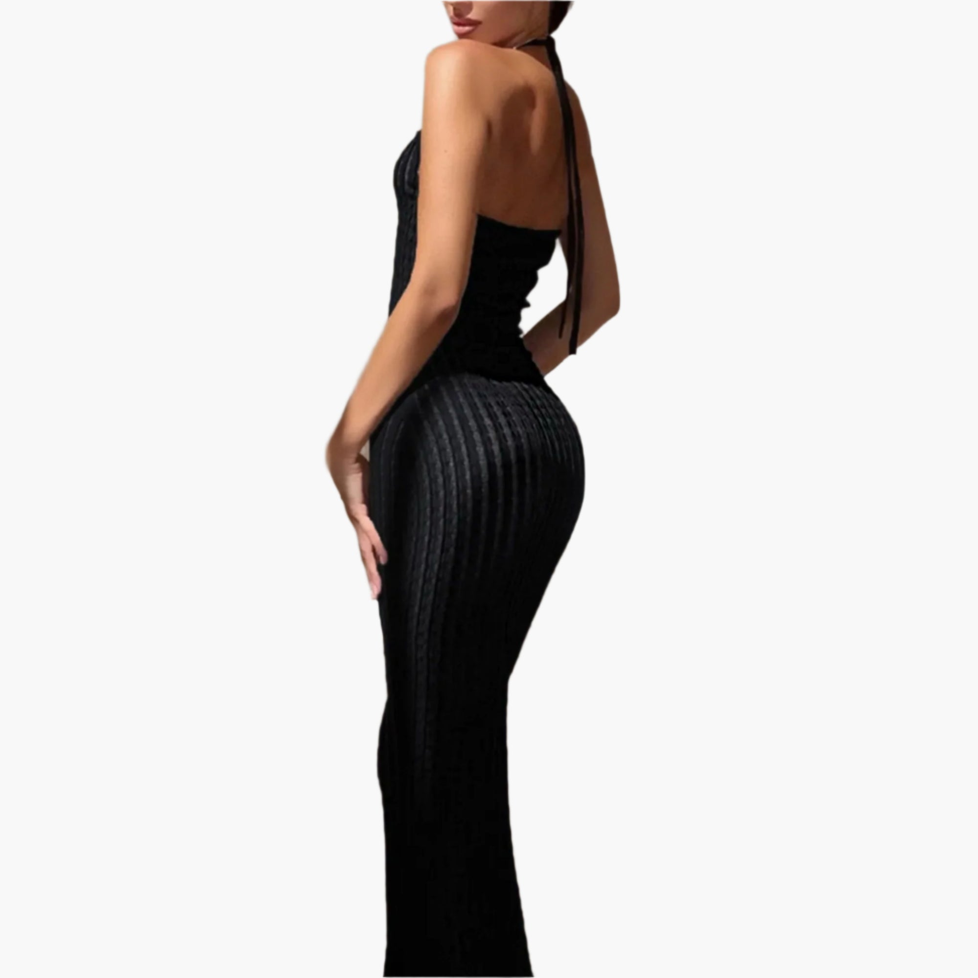 Back view of a bodycon maxi dress with halter neckline and slim-fitting shape.