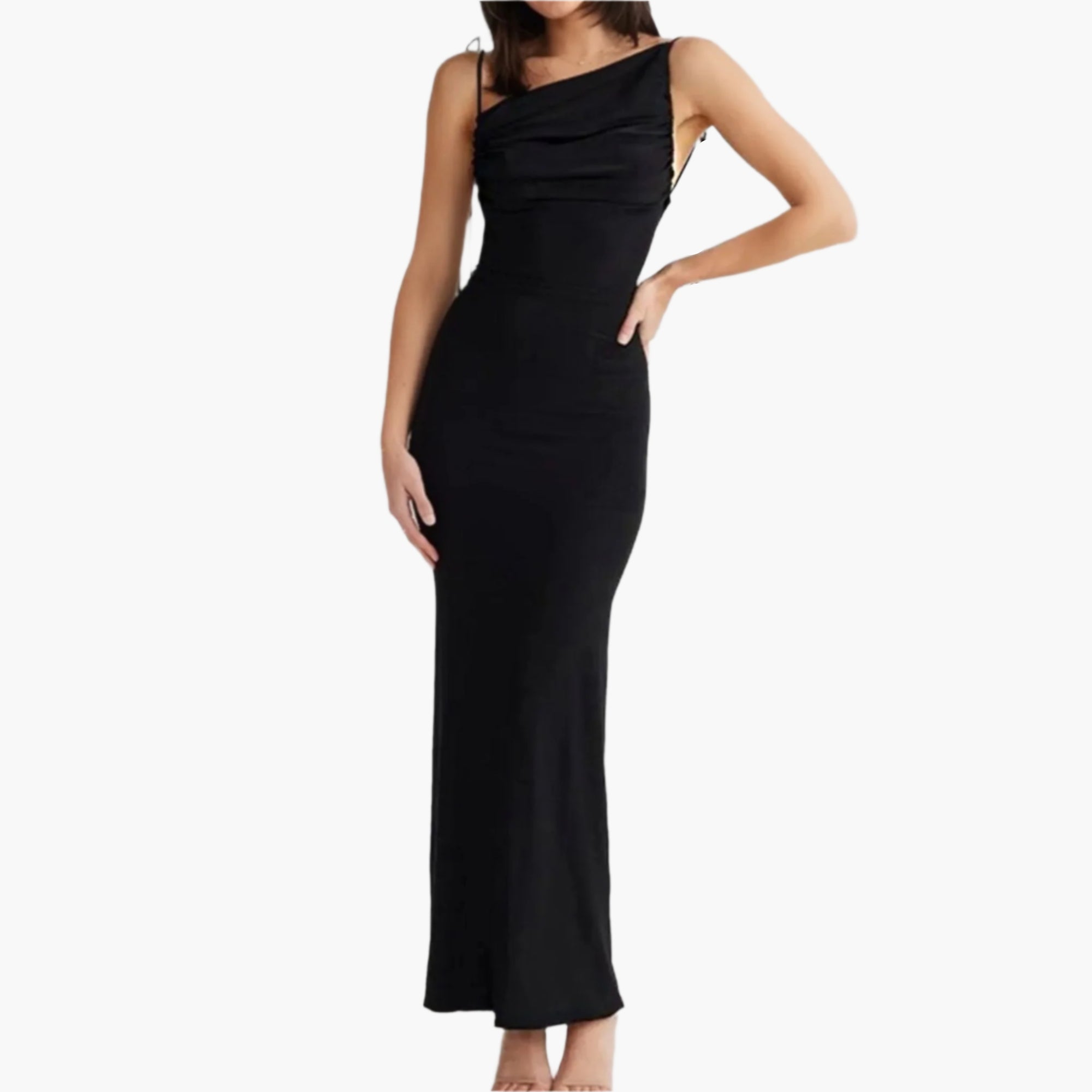 Black one-shoulder dress worn by a model on a white background