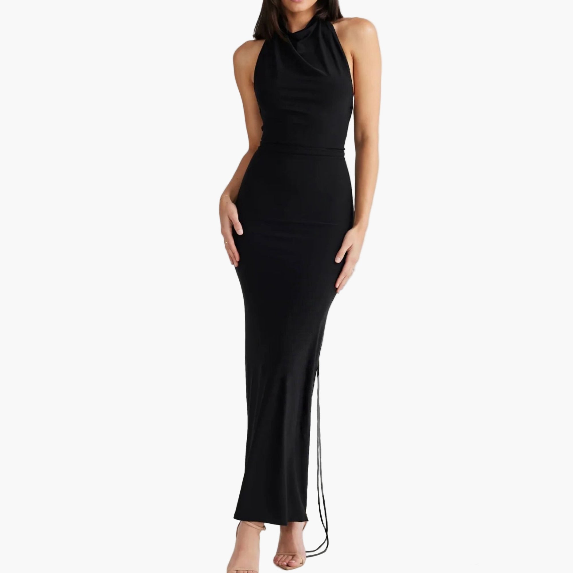 Model wearing a Black halter neck gown front view