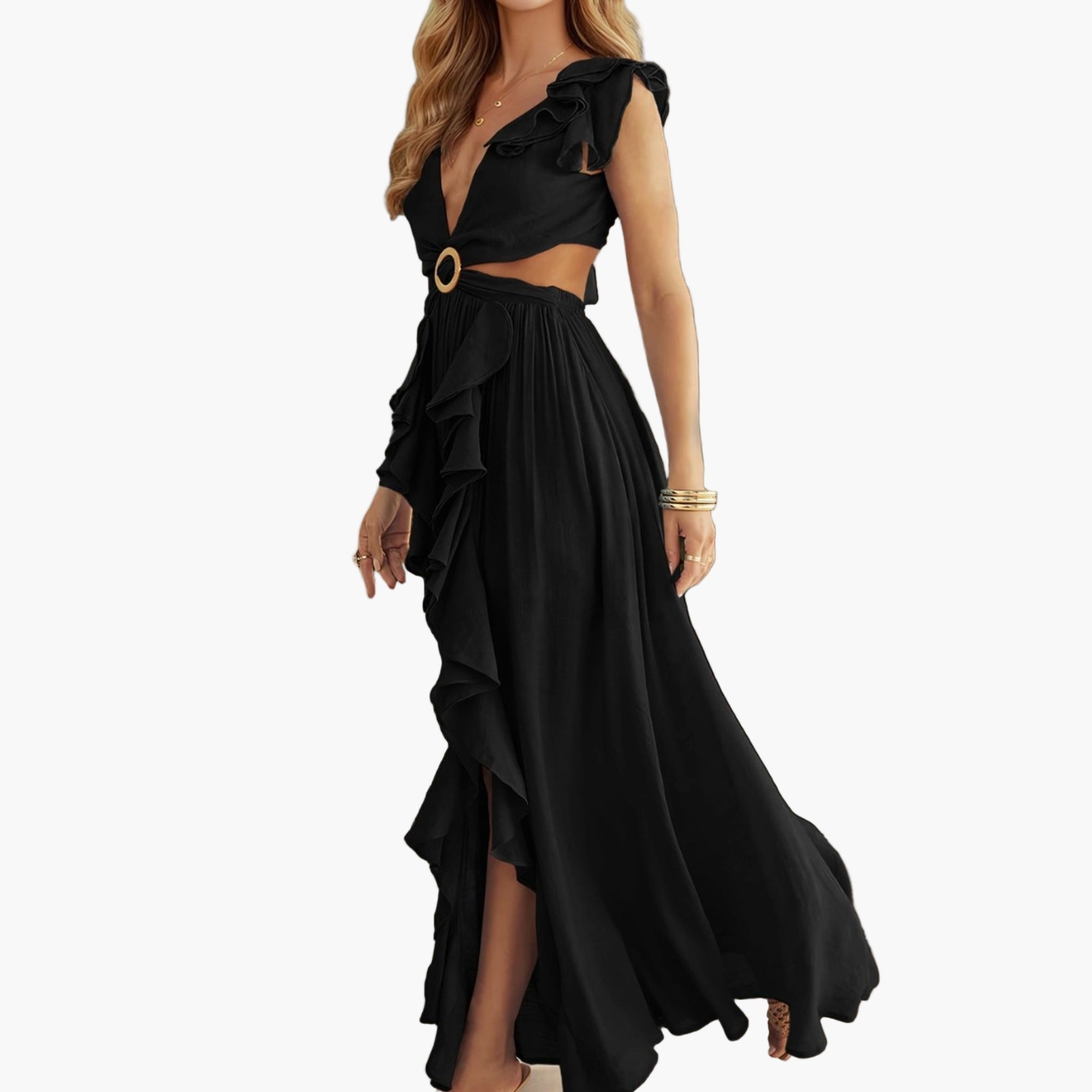 Model walking in flowing maxi dress with slit, summer setting