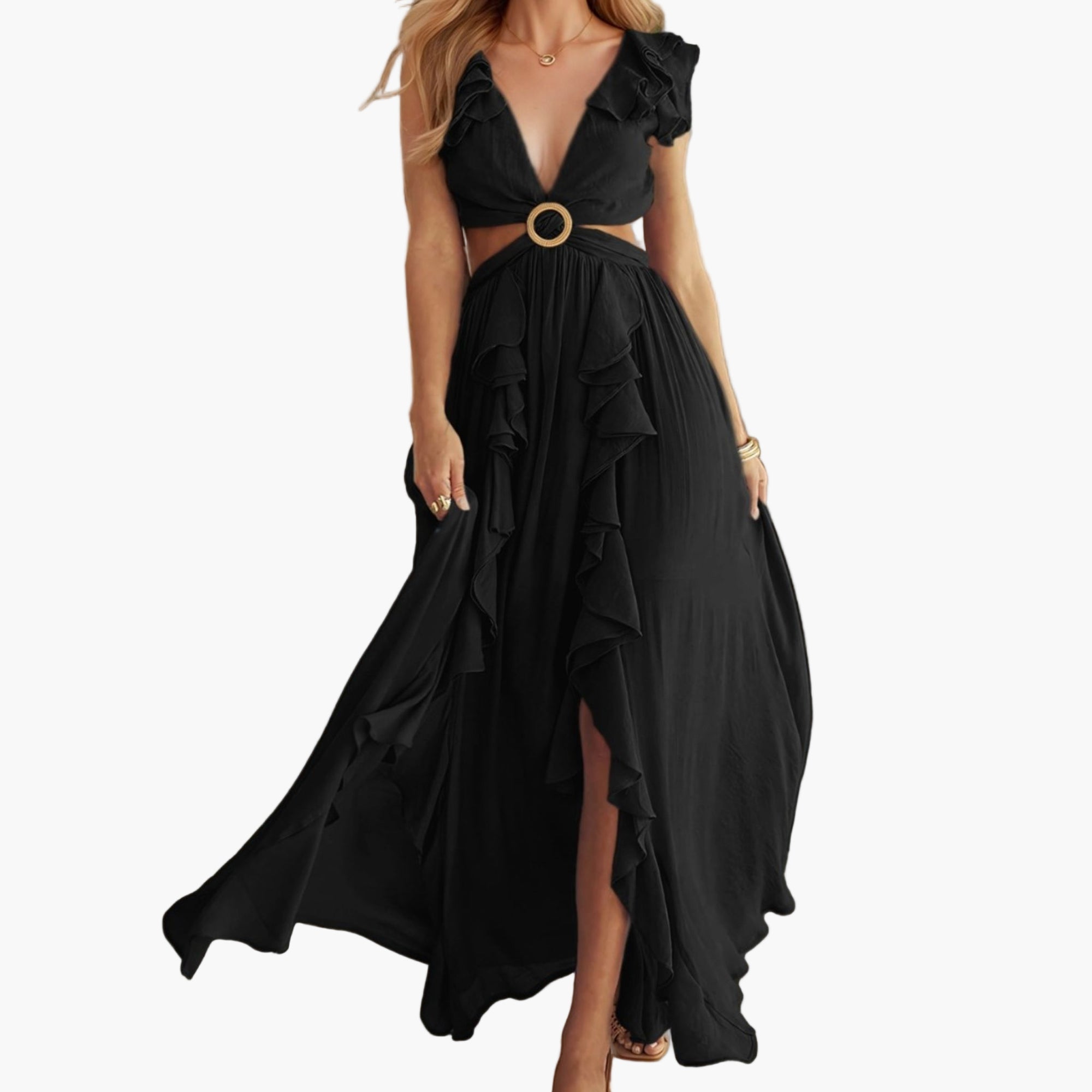 Woman wearing a black ruffled dress with a high slit 