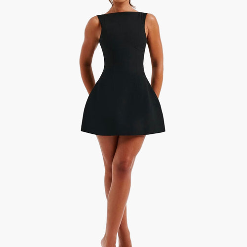 black mini dress round neck sleeveless dress front view of model