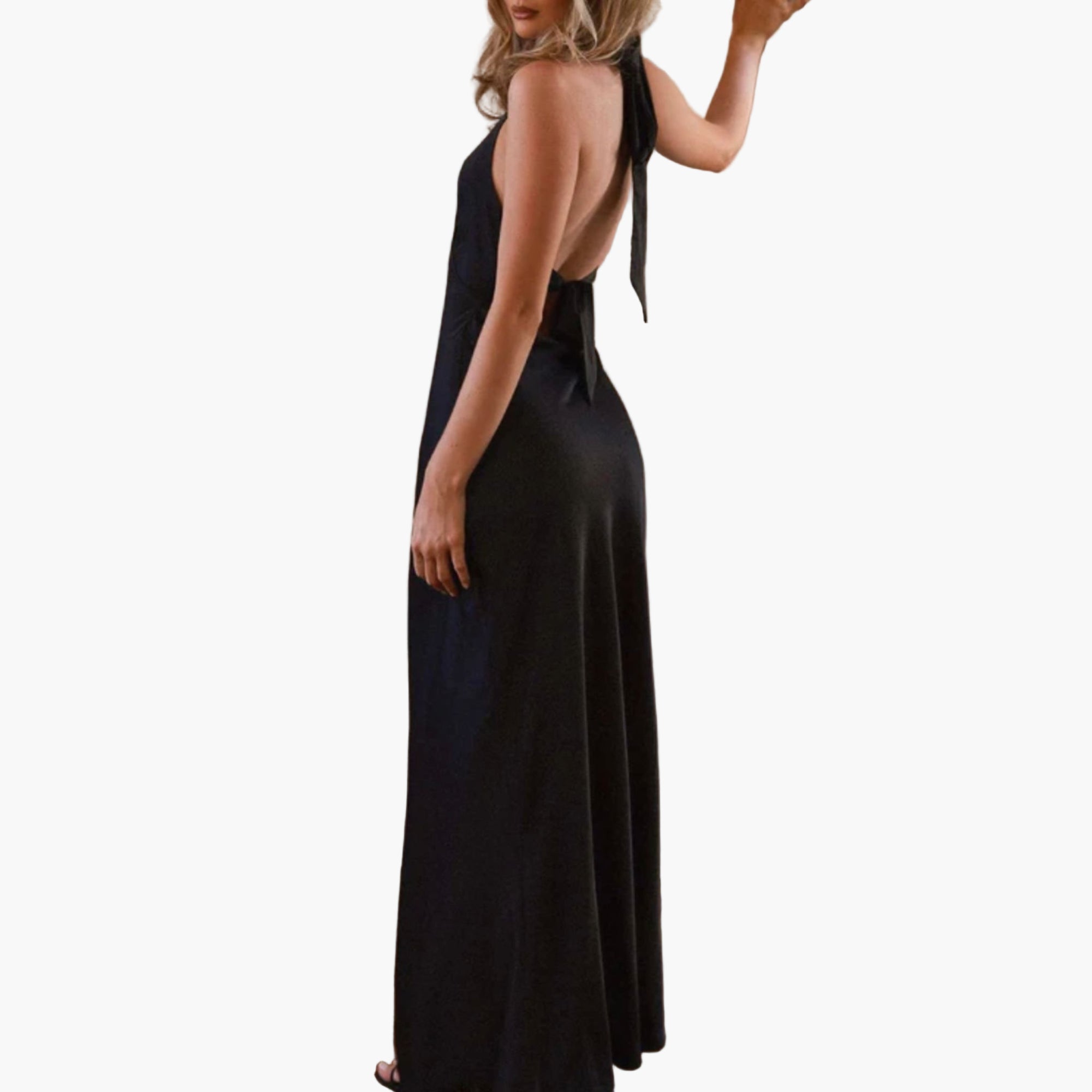 Back view of adjustable tie detail on halter wrap dress