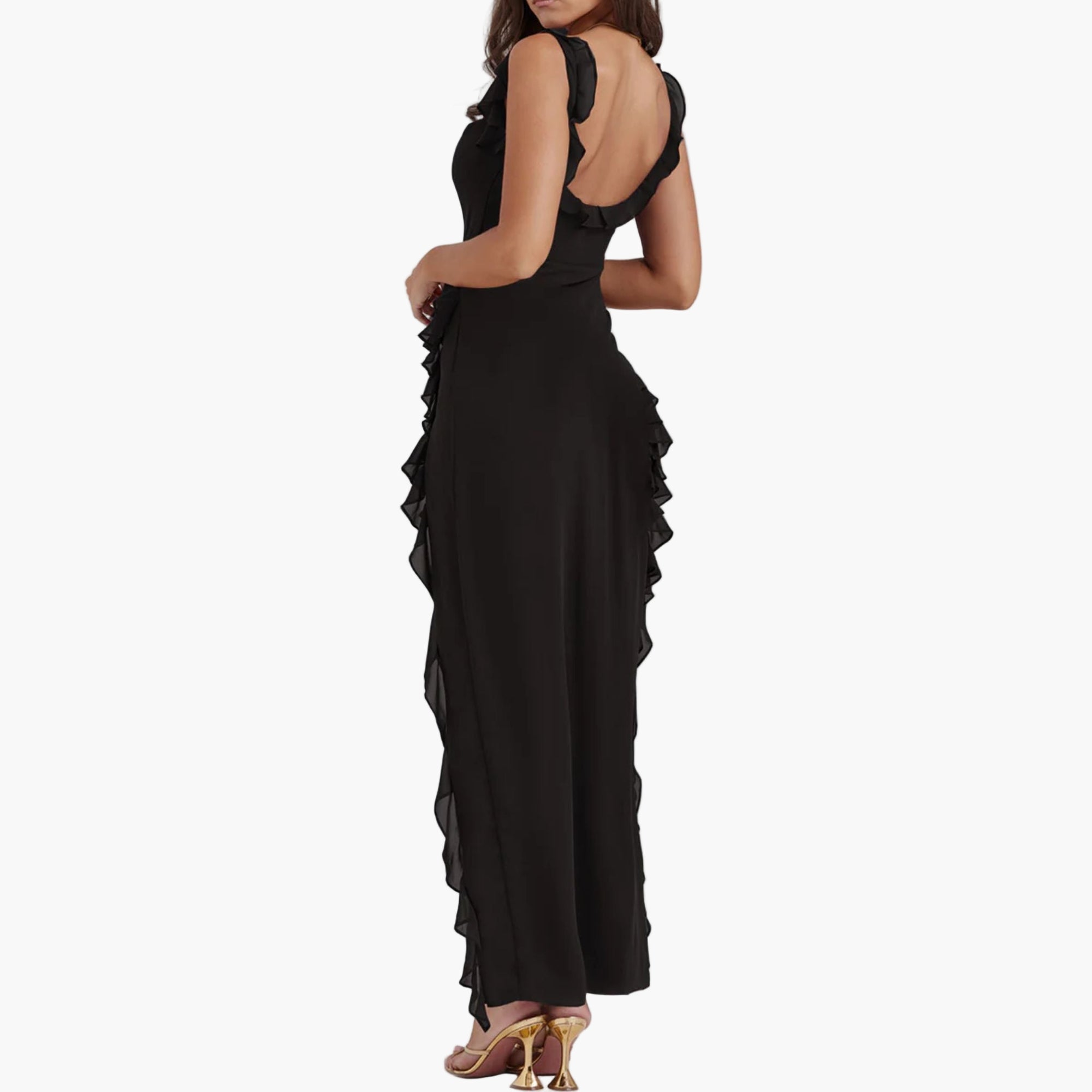 Woman BACK VIEW in breathable, slightly stretchy maxi dress