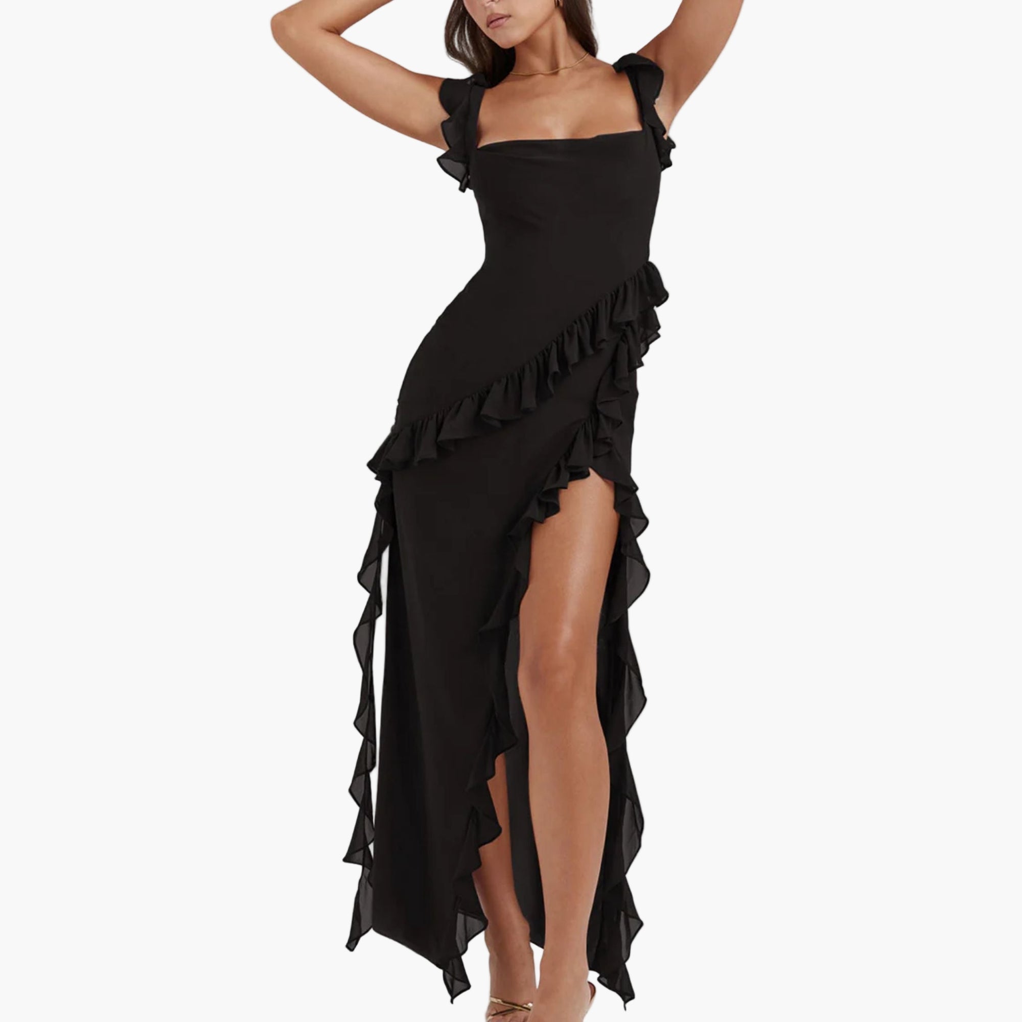 Black ruffled dress WITH A SIDE SLIT worn by a model 