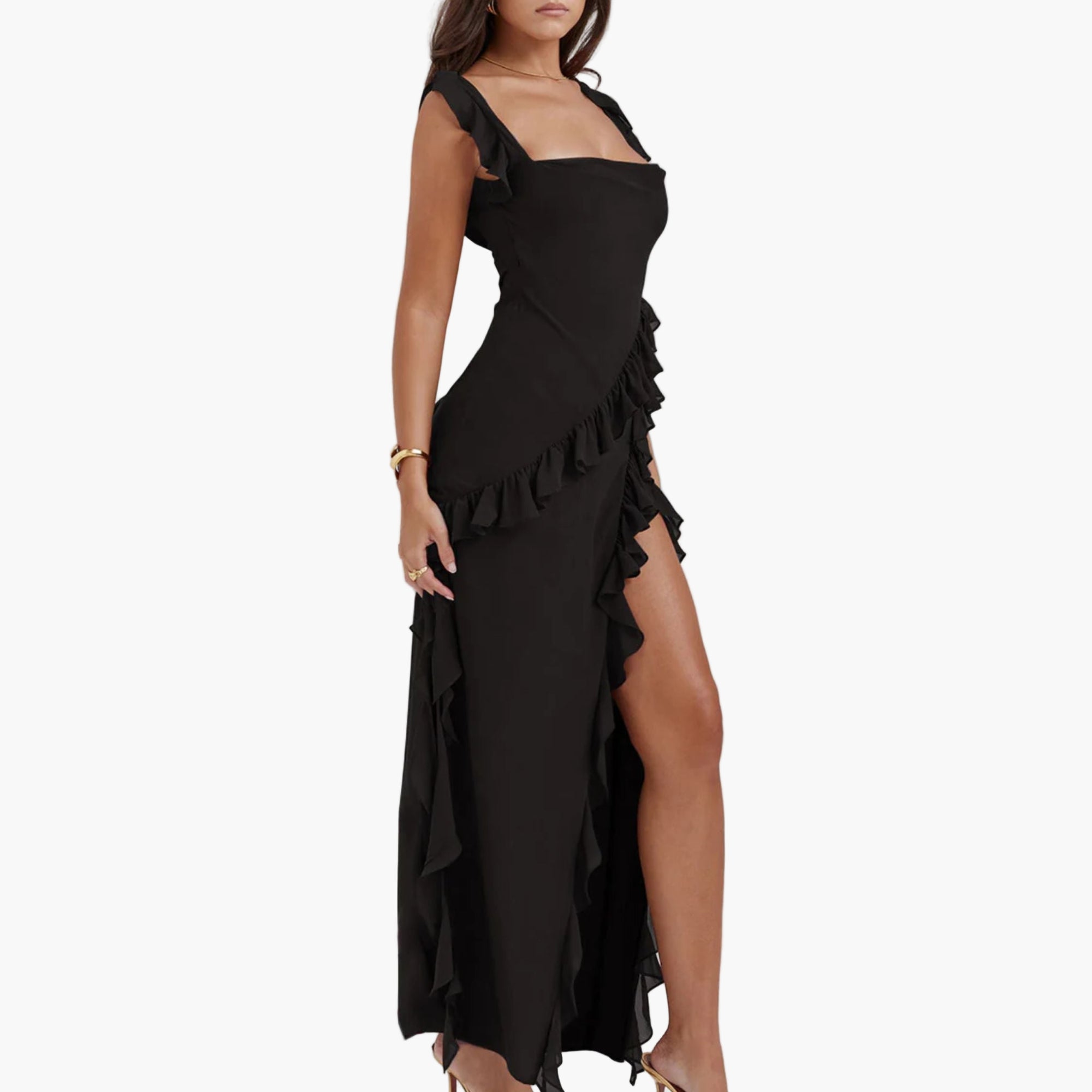 Side view showing front slit and flowy design of cotton blend dress