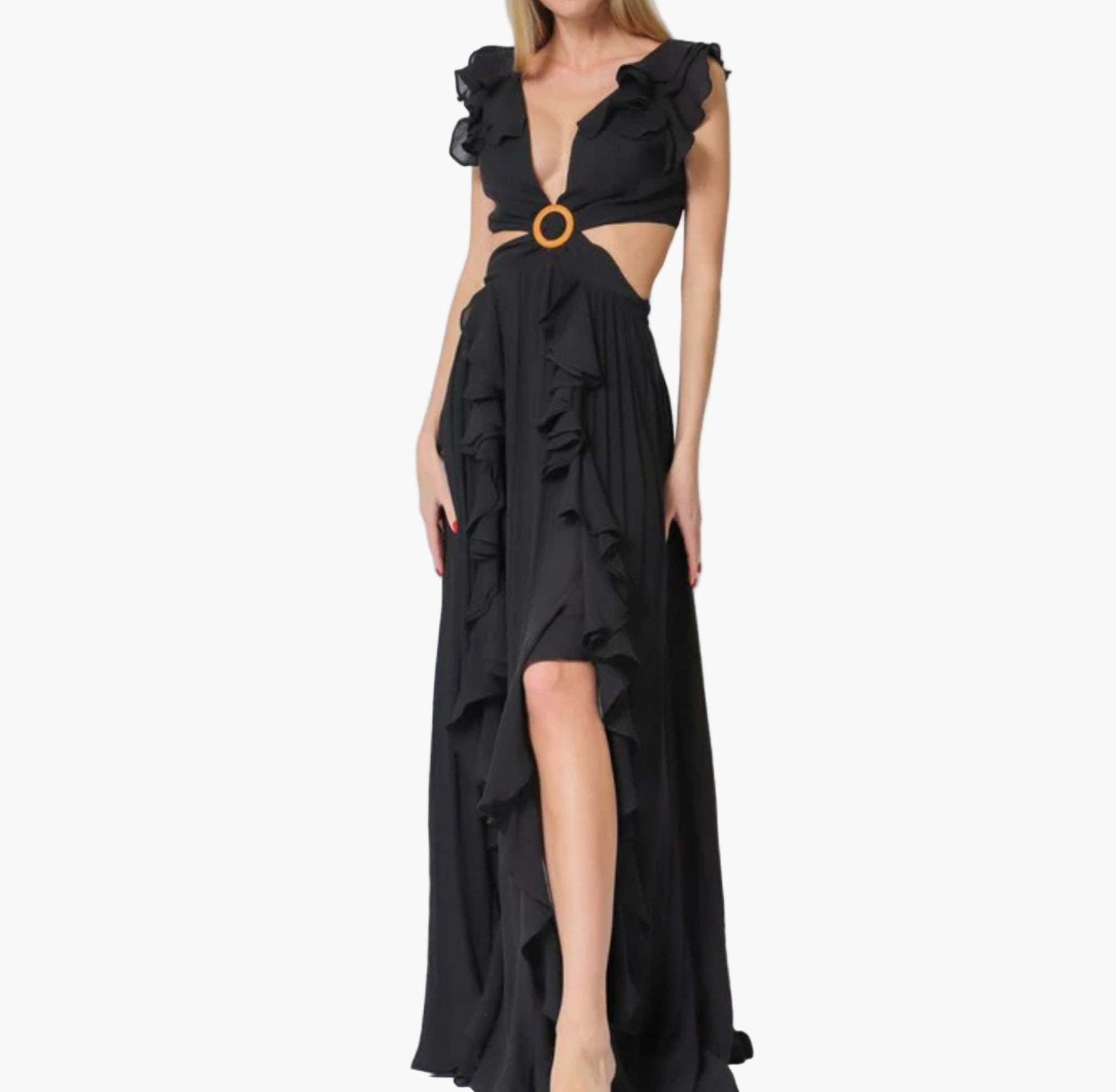 Woman wearing Black cutout ruffled cap sleeve maxi dress in semi-sheer fabric