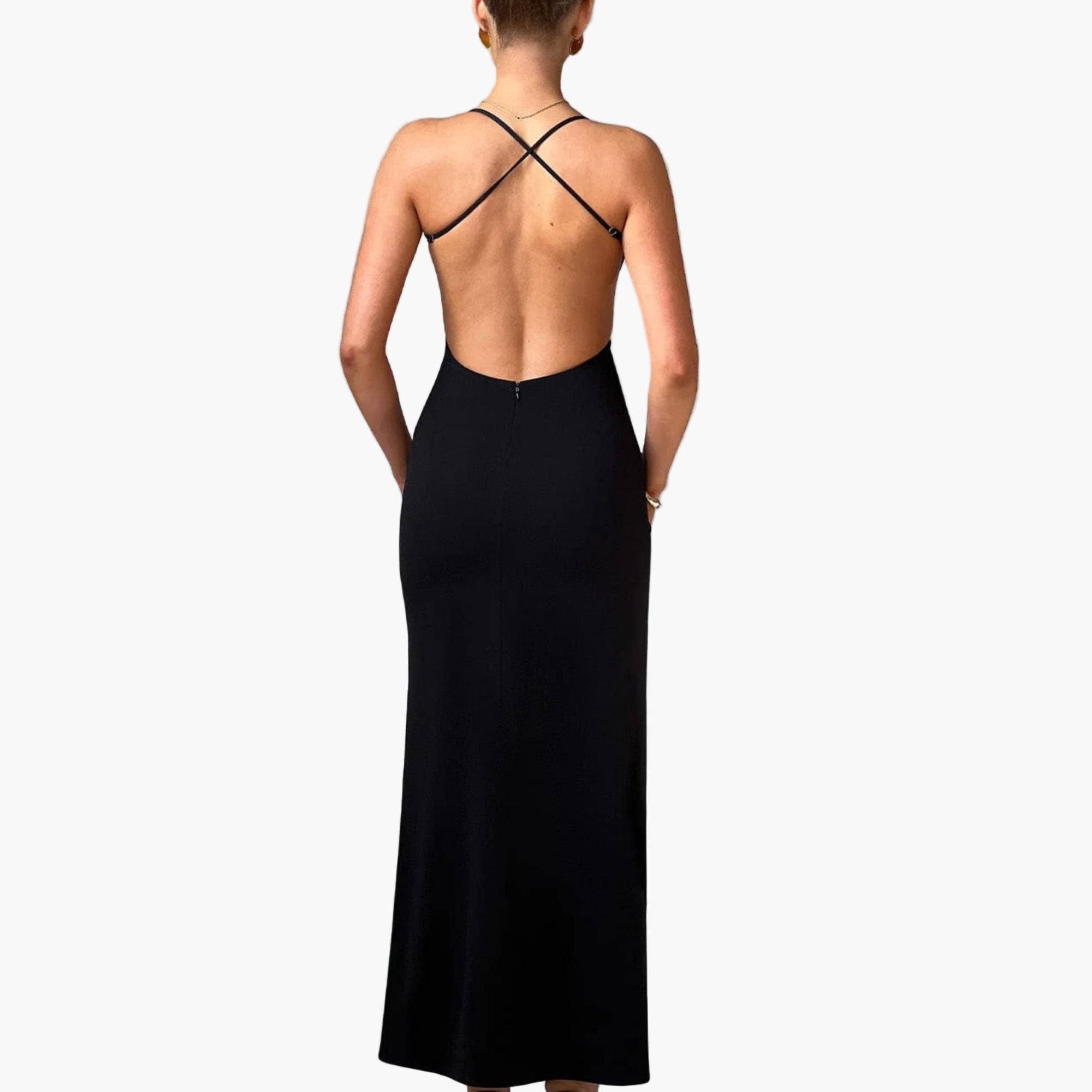 Elegant back view of backless maxi cami dress
