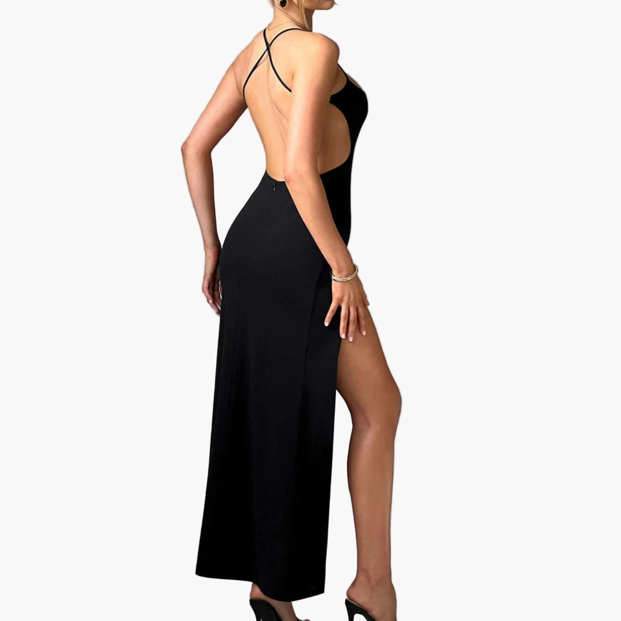 Black dress with thin straps and a slit on a white background