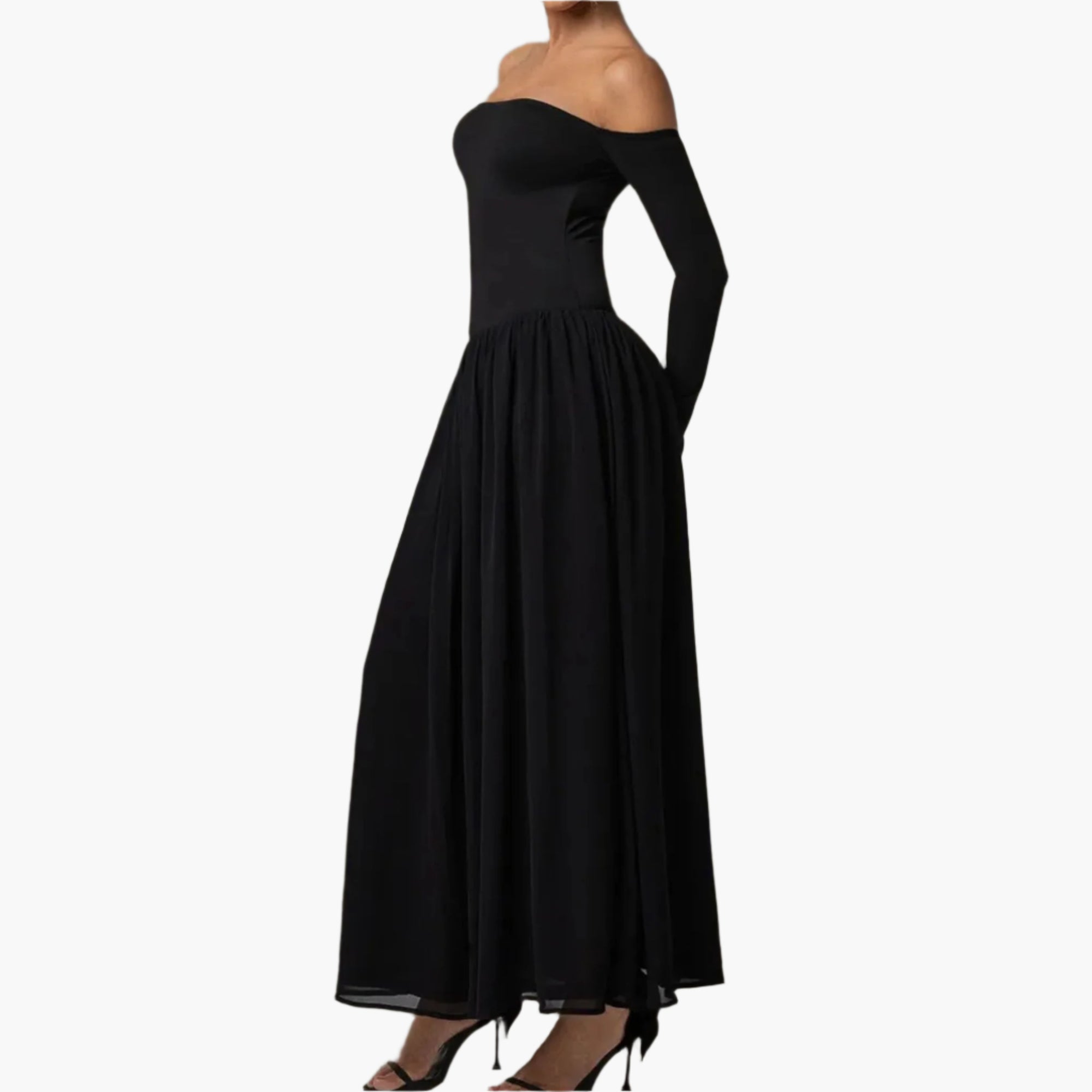 Side angle of figure-hugging off-shoulder maxi dress with long sleeves