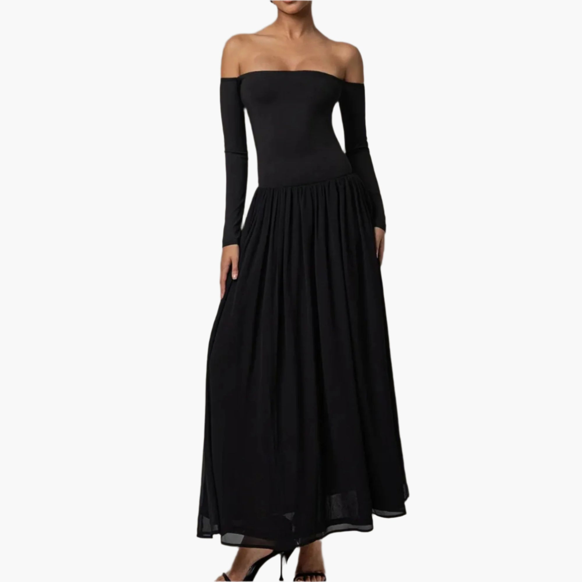 Front view of elegant black off-shoulder maxi dress with ruched detail