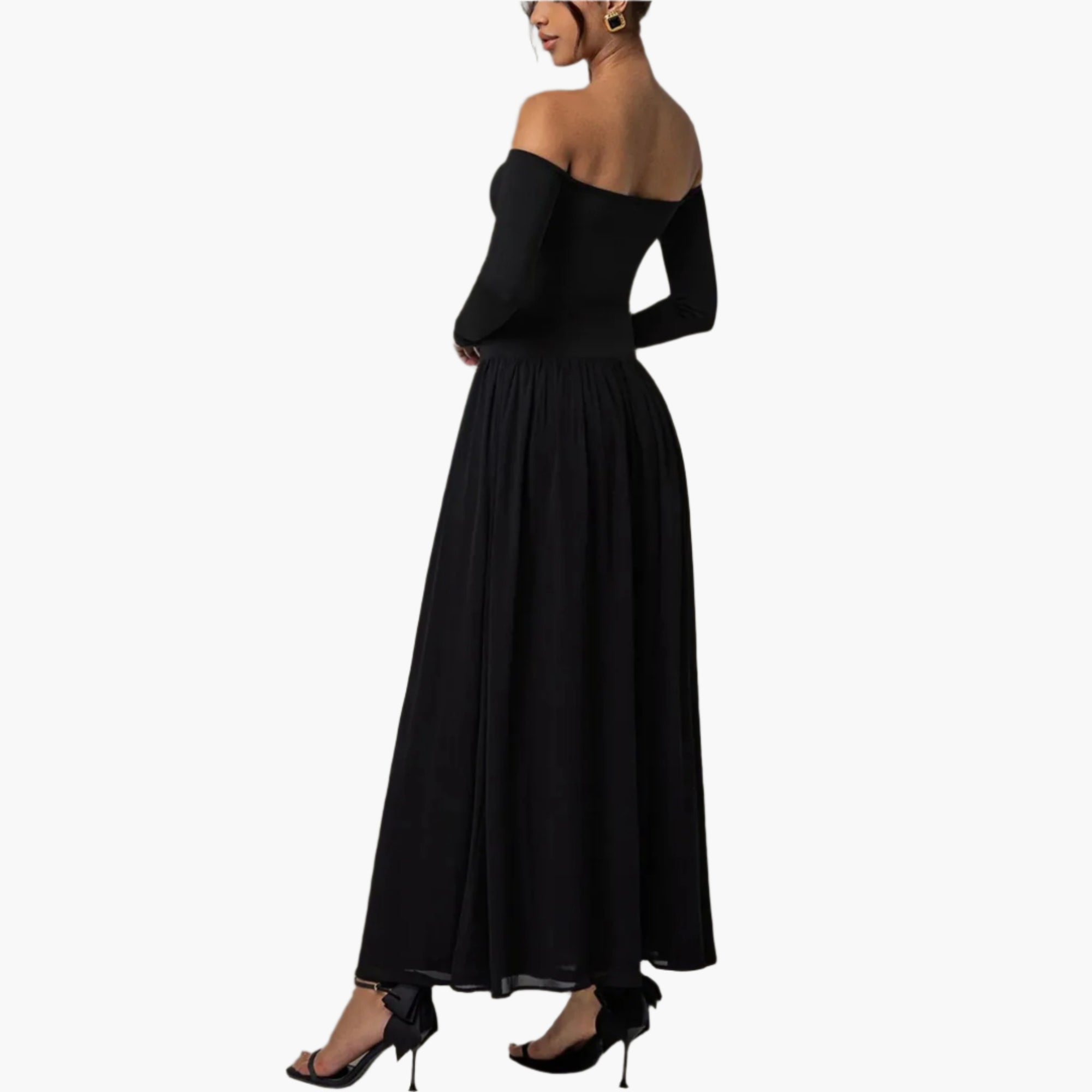 Back view of long sleeve off-shoulder ruched maxi dress