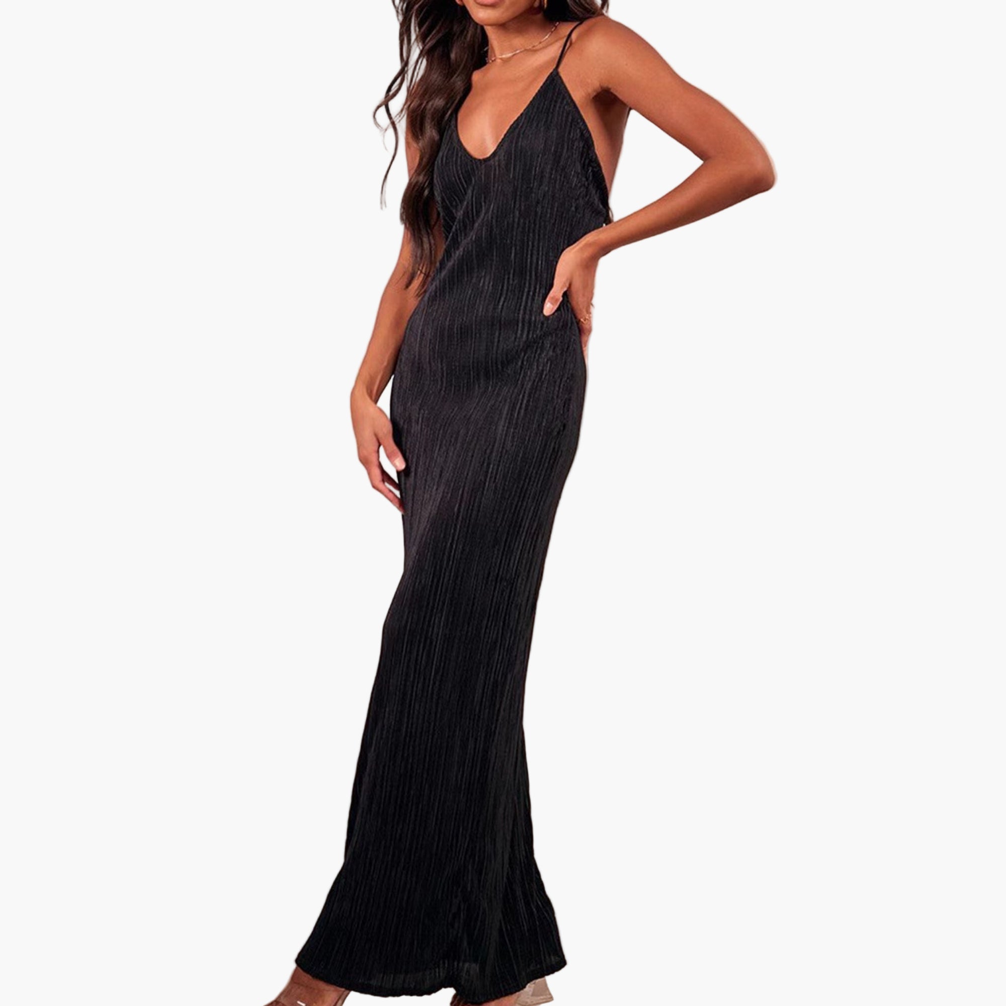 Model wearing backless black printed maxi cami dress