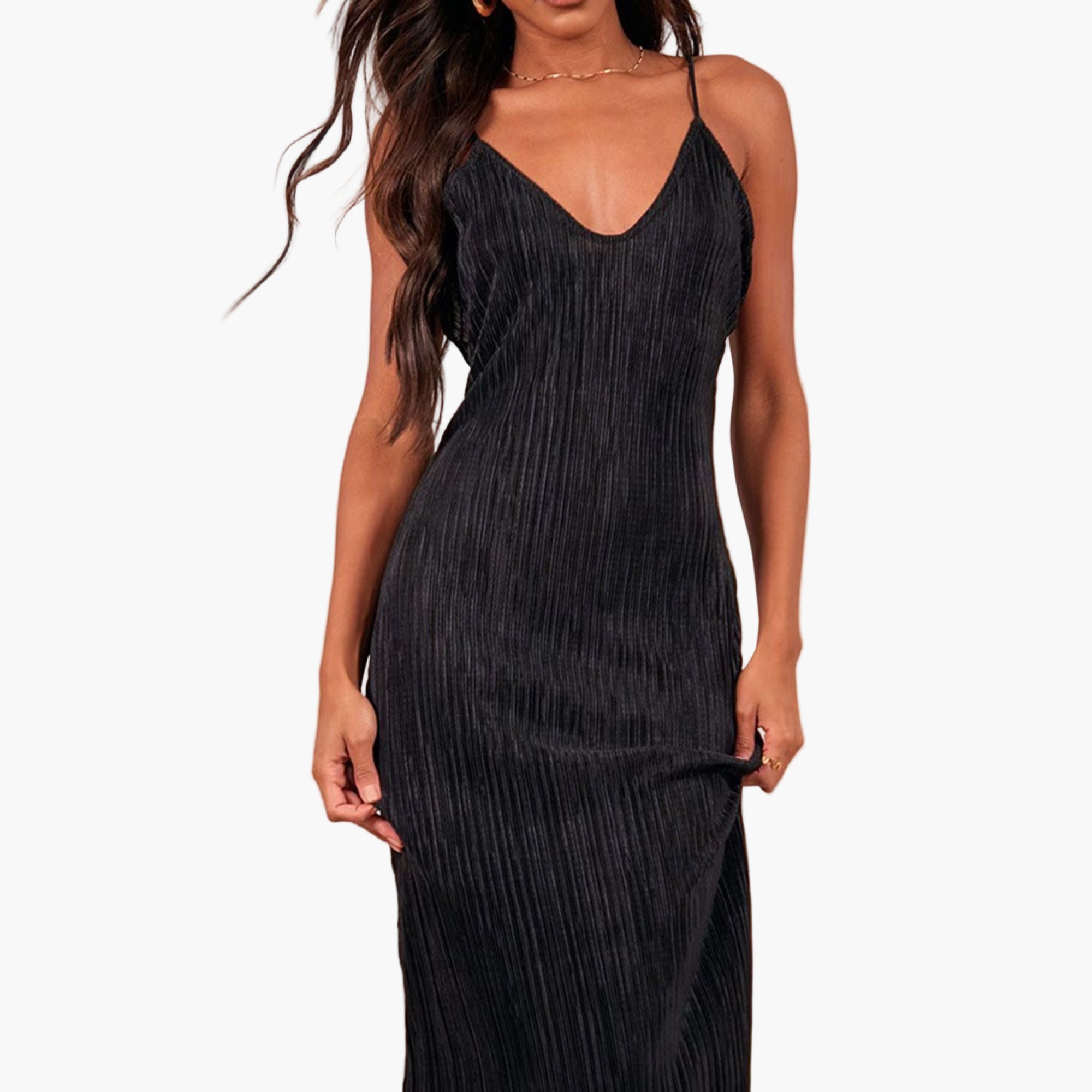 Close-up of backless design on black printed maxi dress