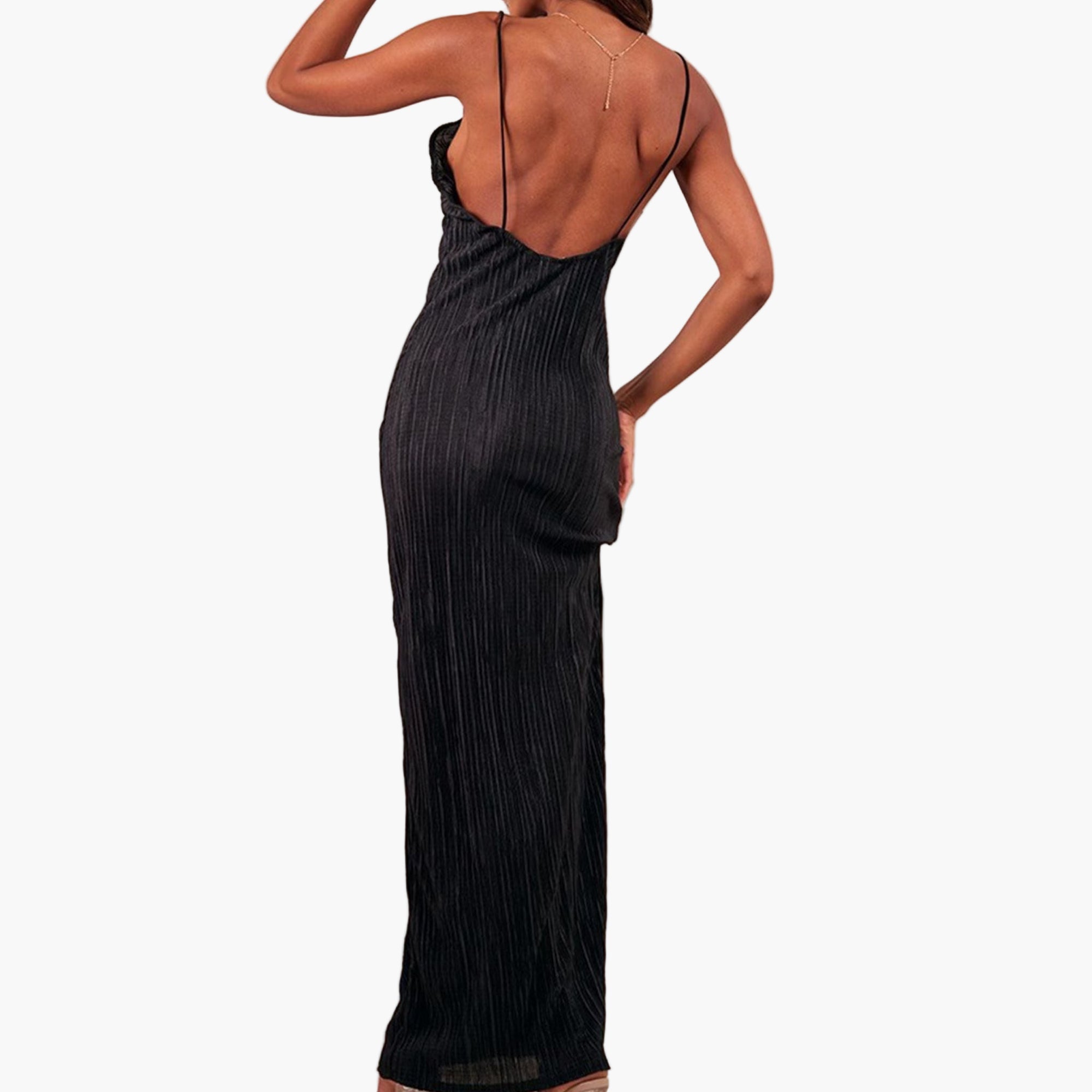back view of slightly stretchy opaque fabric on maxi cami dress