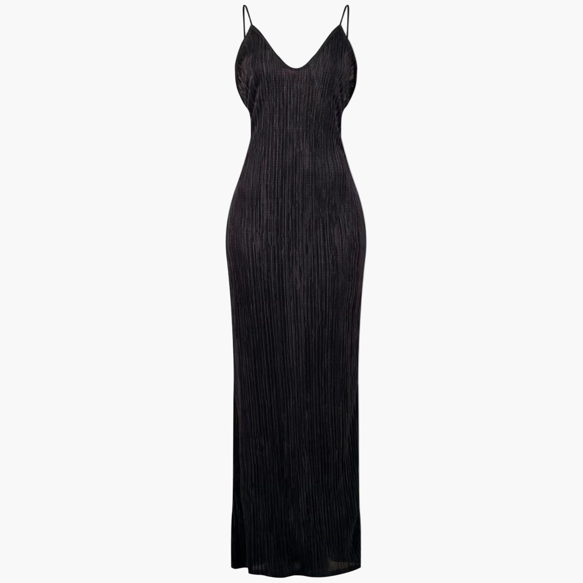 Close-up of backless design on black printed maxi dress