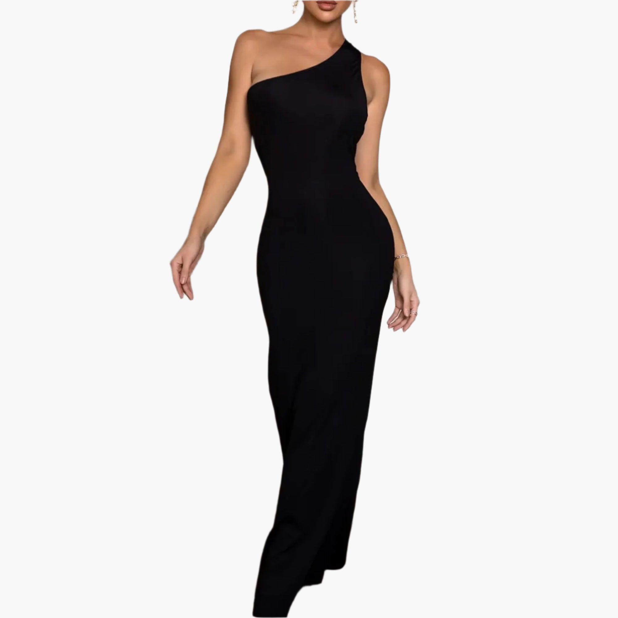 Front view of one-shoulder black maxi dress with sleek cutout detail