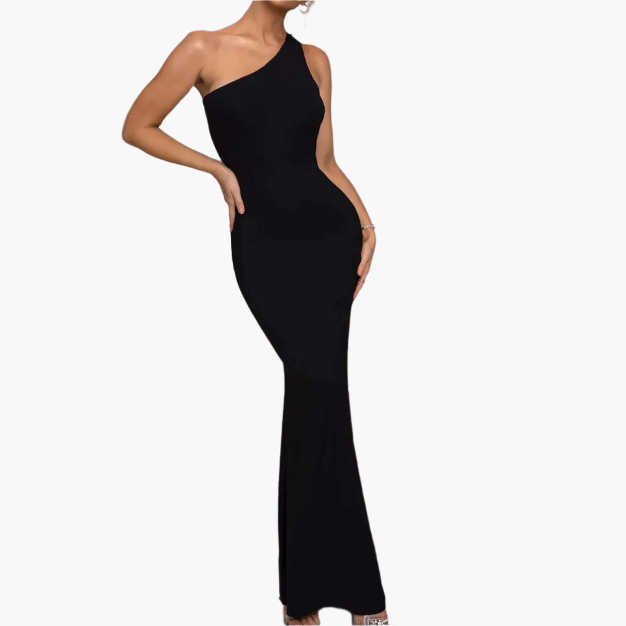 Side angle of black one-shoulder maxi dress showing cutout and fitted silhouette