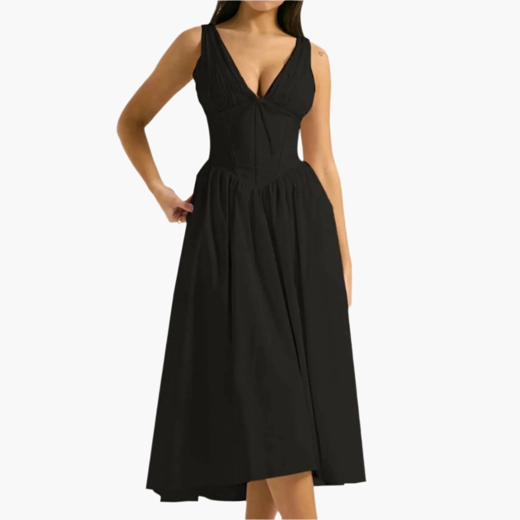Front view of black sleeveless dress with ruched V-neckline and tie detail