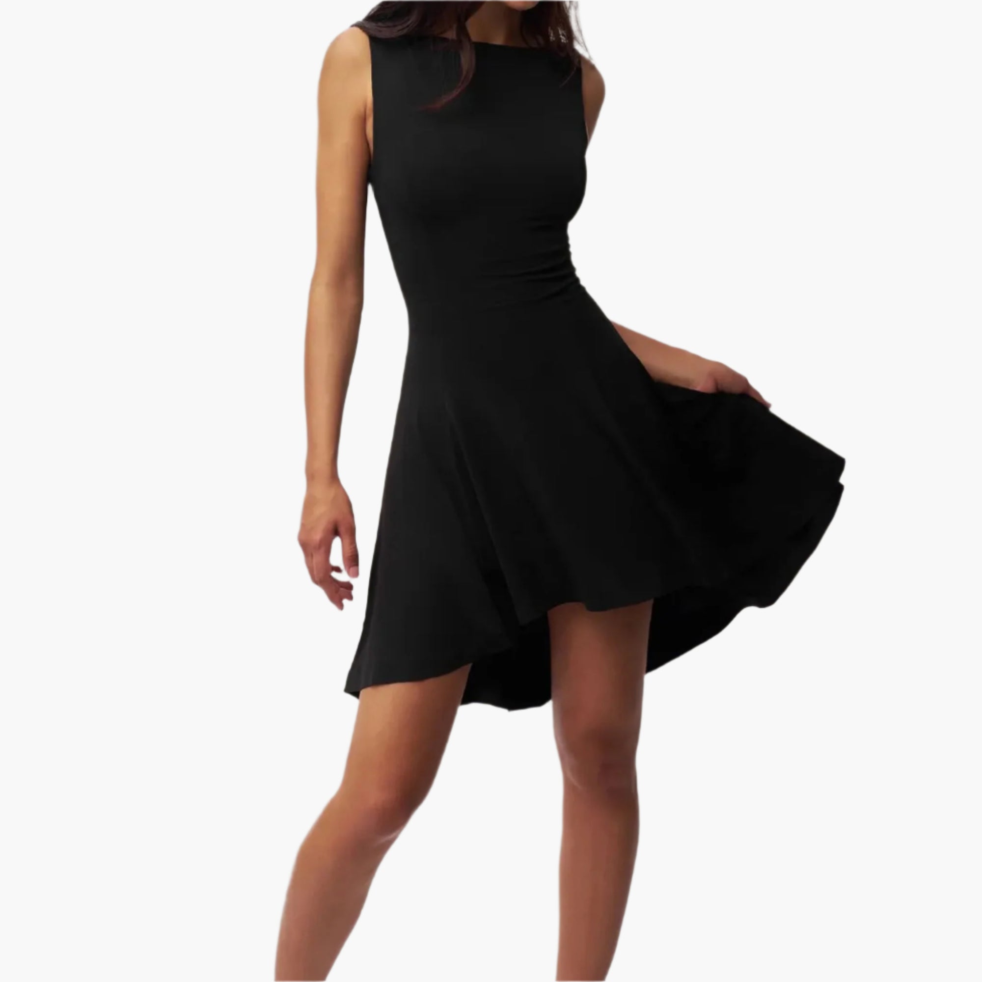Side angle of sleeveless black dress showing high-low hem and flare bottom