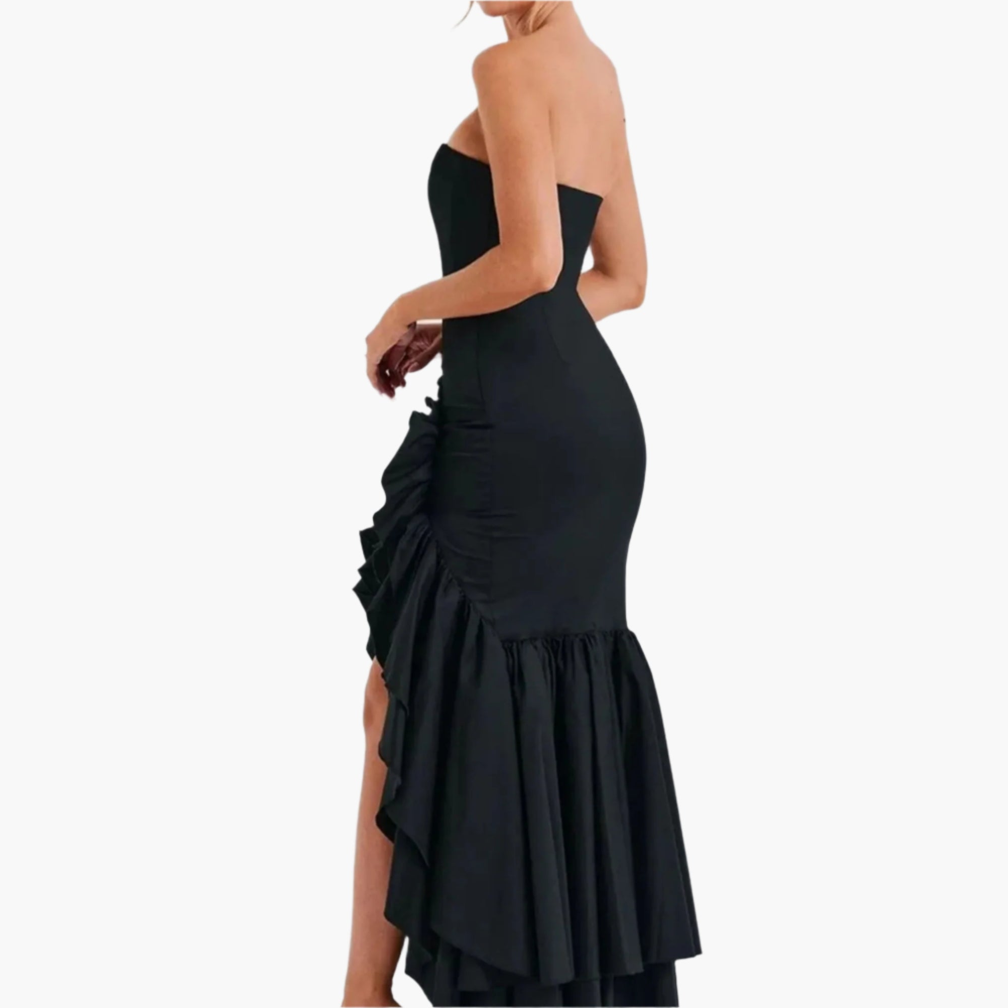 Black strapless dress with ruffled skirt on a white background