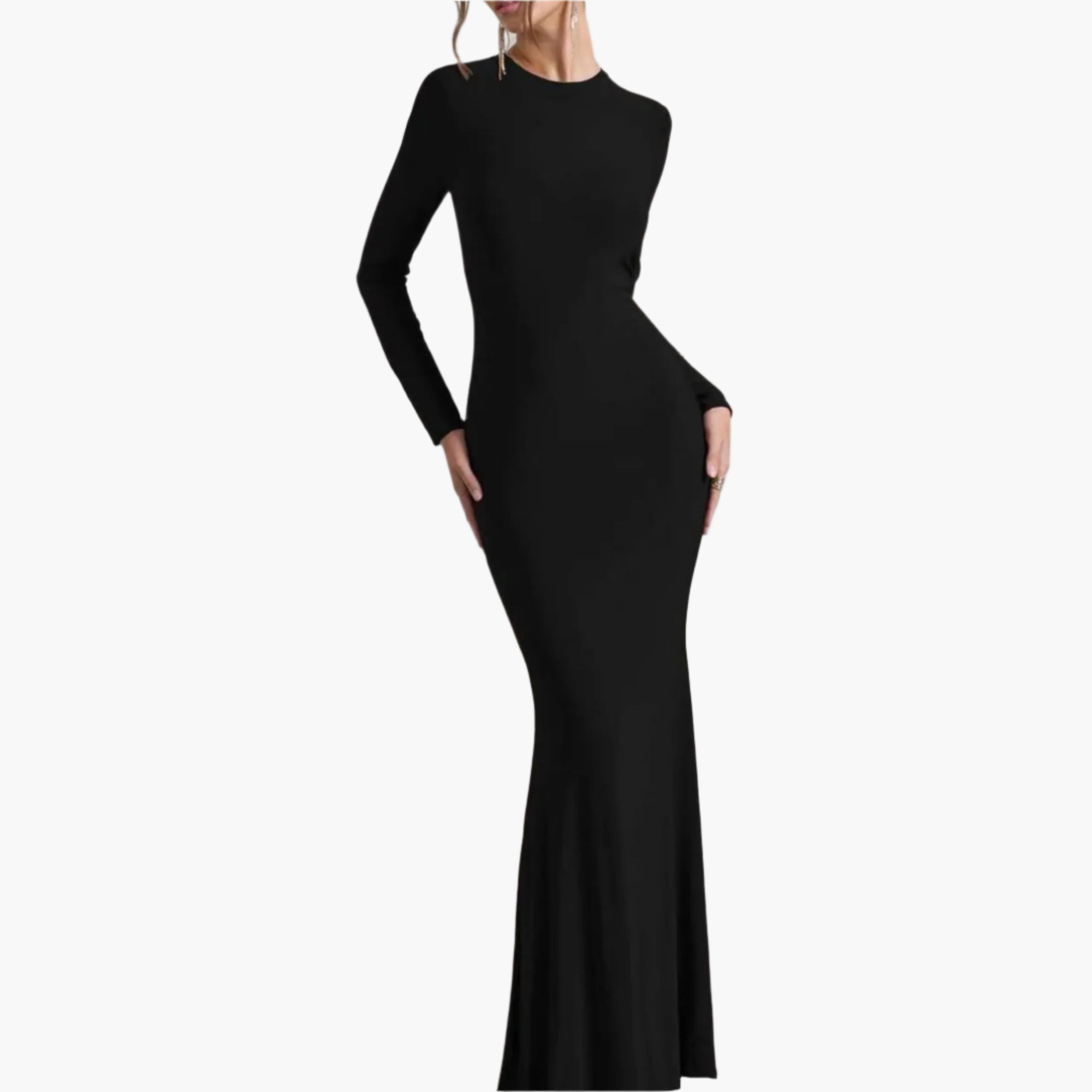 Side profile of a basic Black  long-sleeve maxi dress with a clean, simple silhouette.