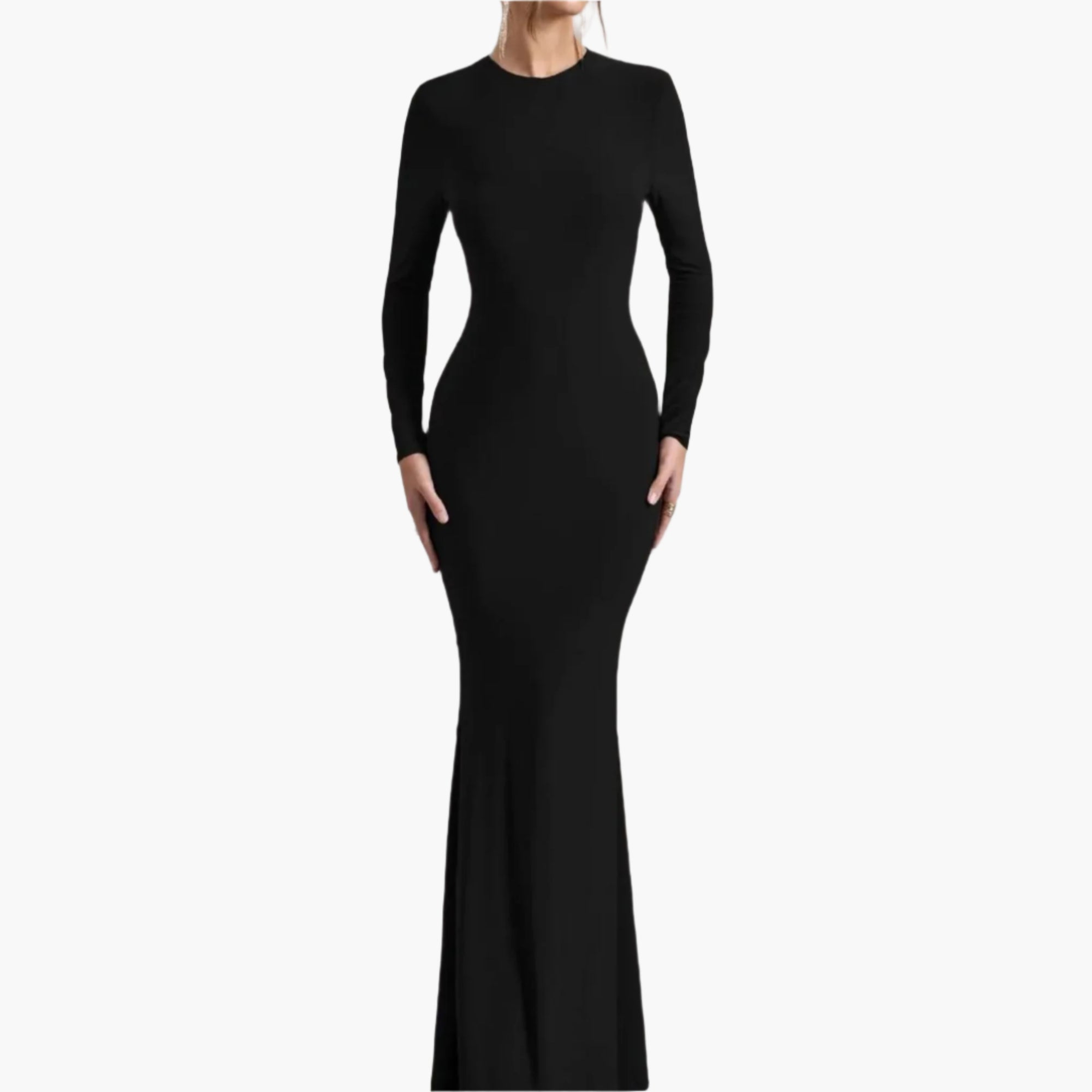Model wearing a Black long-sleeve maxi dress with round neckline and relaxed fit.