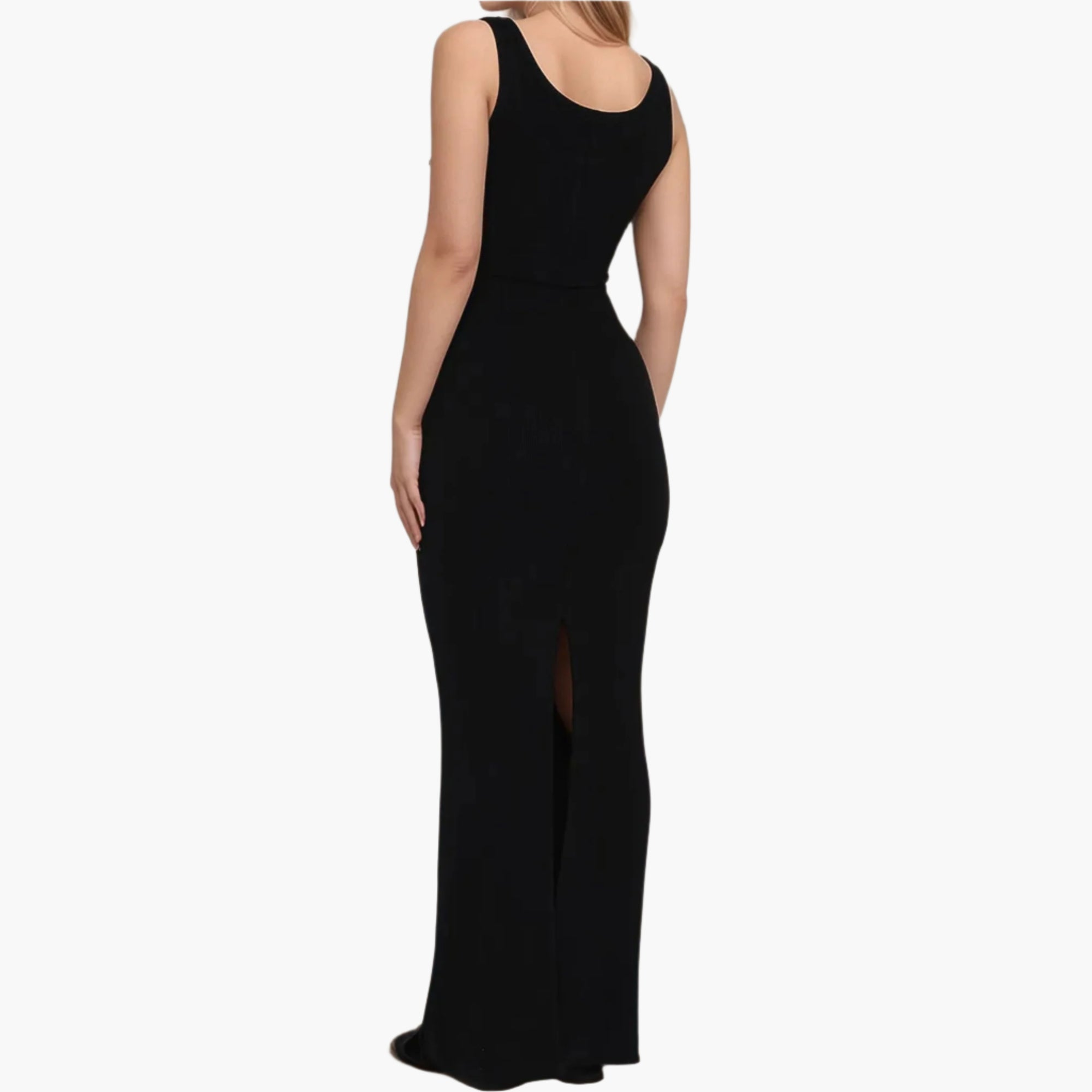 Back view of BLACK maxi dress in soft stretch fabric