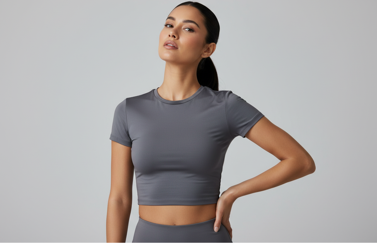 Full-screen fashion hero image. Female model in a confident editorial pose wearing a charcoal-gray skin-tight short-sleeve fitted crop top with smooth polyester fabric and subtle sheen. Clean modern silhouette. Seamless light gray studio background, soft diffused studio lighting. Minimal, elevated, modern. Ultra-high resolution, photorealistic. No icons, no text, no logos.