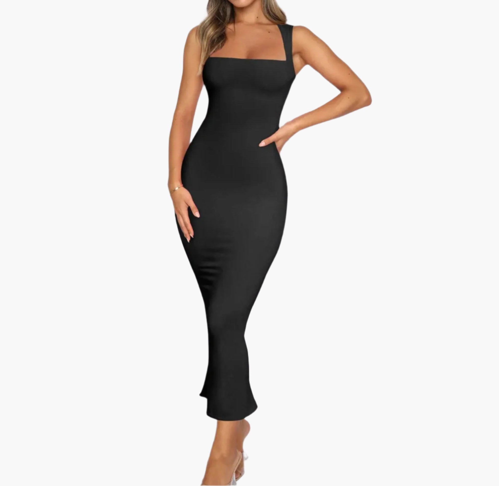 Front view of sleek sleeveless maxi dress with tank silhouette