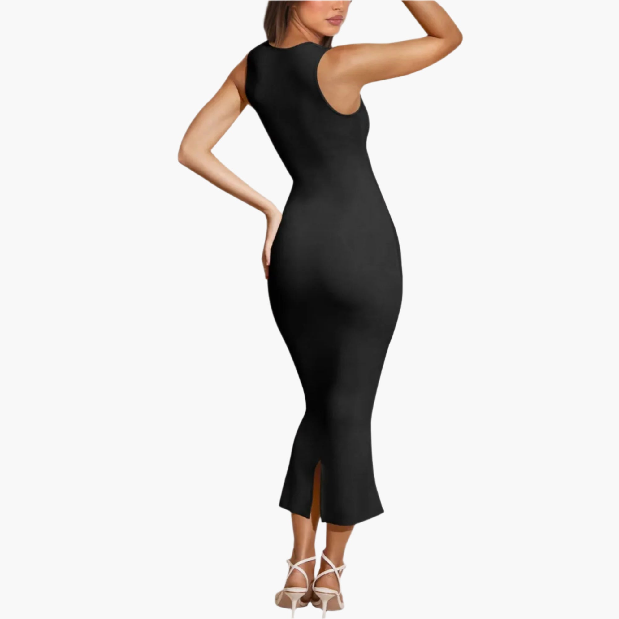 Back view of black maxi dress featuring sultry slit and sleeveless cut