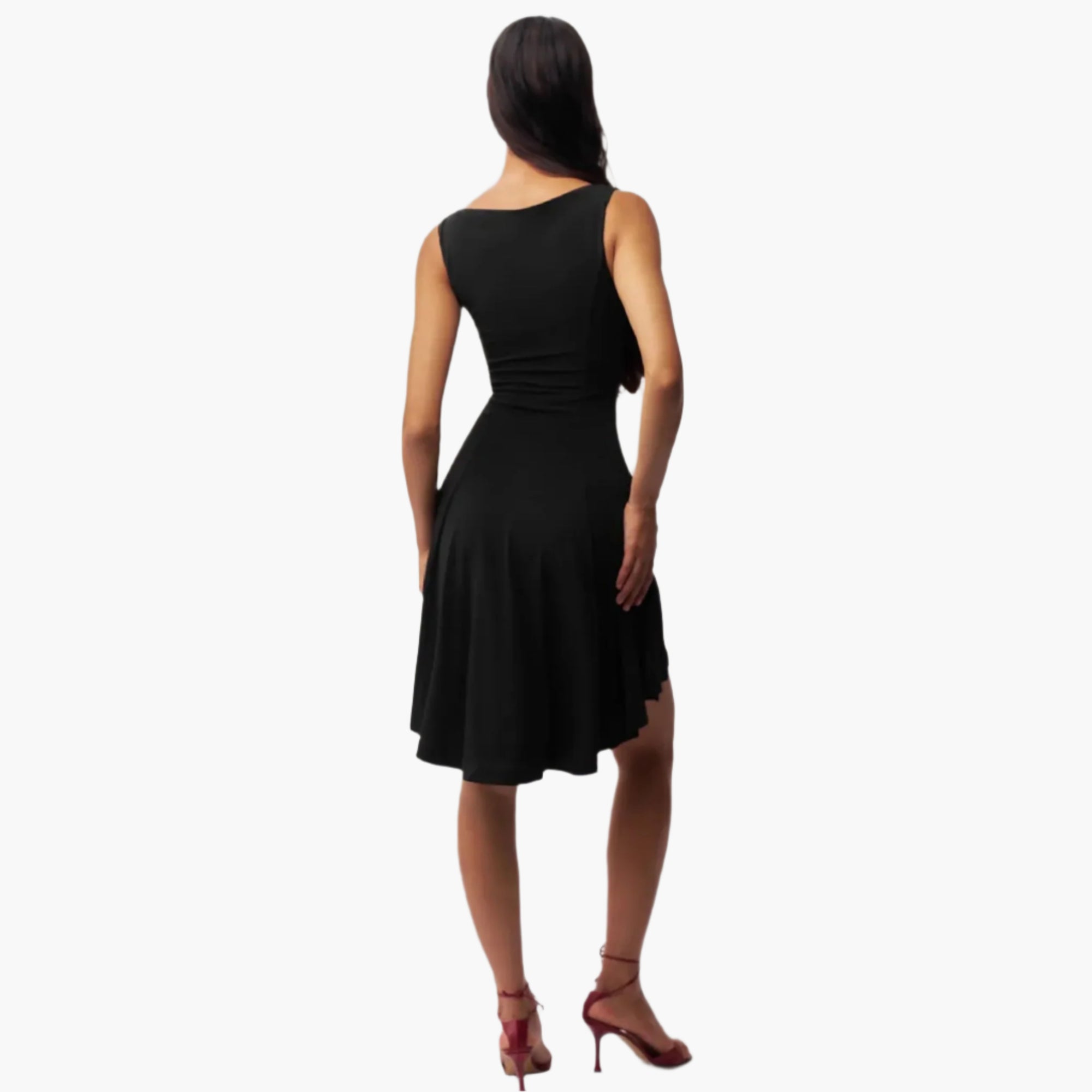 Back of black high-low hem dress made from slightly stretchy opaque fabric